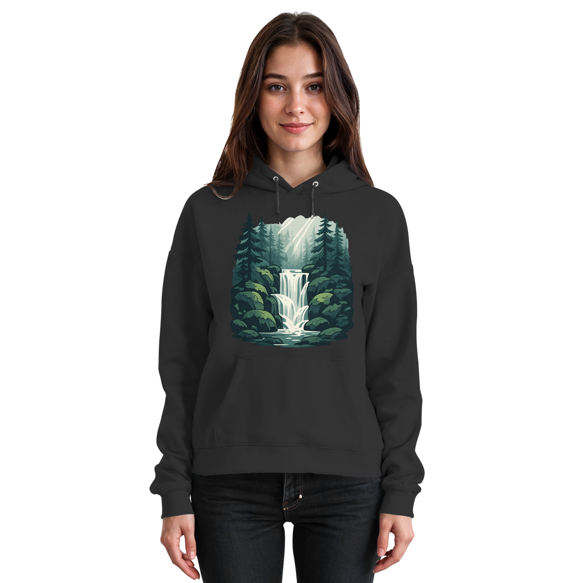 Front view of a unisex black Fall Creek Hoodie by Arvenzo, featuring a classic hood and simple design.