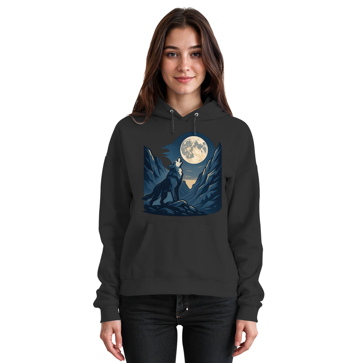 Front view of Arvenzo Silver Howl hoodie in deep black, unisex hoodie with a simple design and soft fabric.