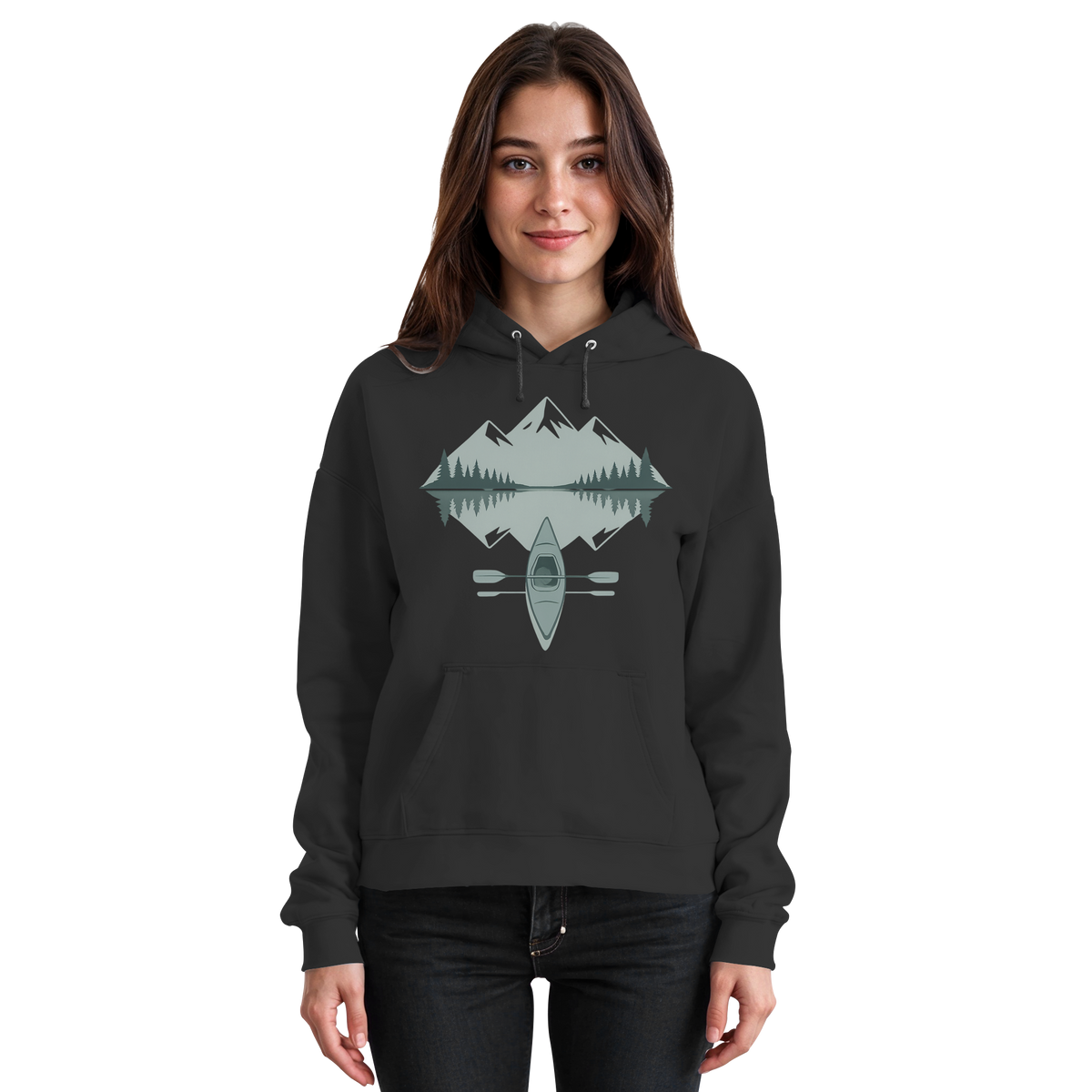 Black Arvenzo Mirror Lake Hoodie displayed from the front, showcasing a unisex, simple design in deep black.