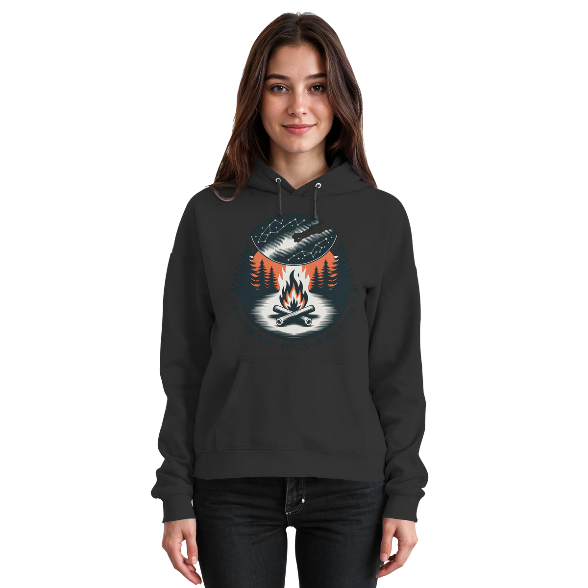 Black unisex Star Map Hoodie by Arvenzo showing a celestial star pattern on the front.