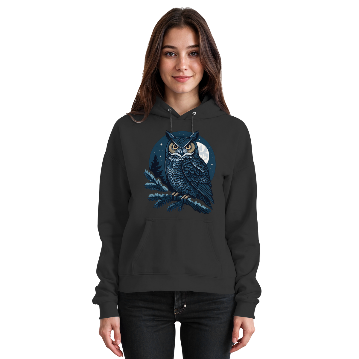 Front view of Arvenzo Night Watch hoodie, unisex black hoodie with simple design and front pocket, casual streetwear style.