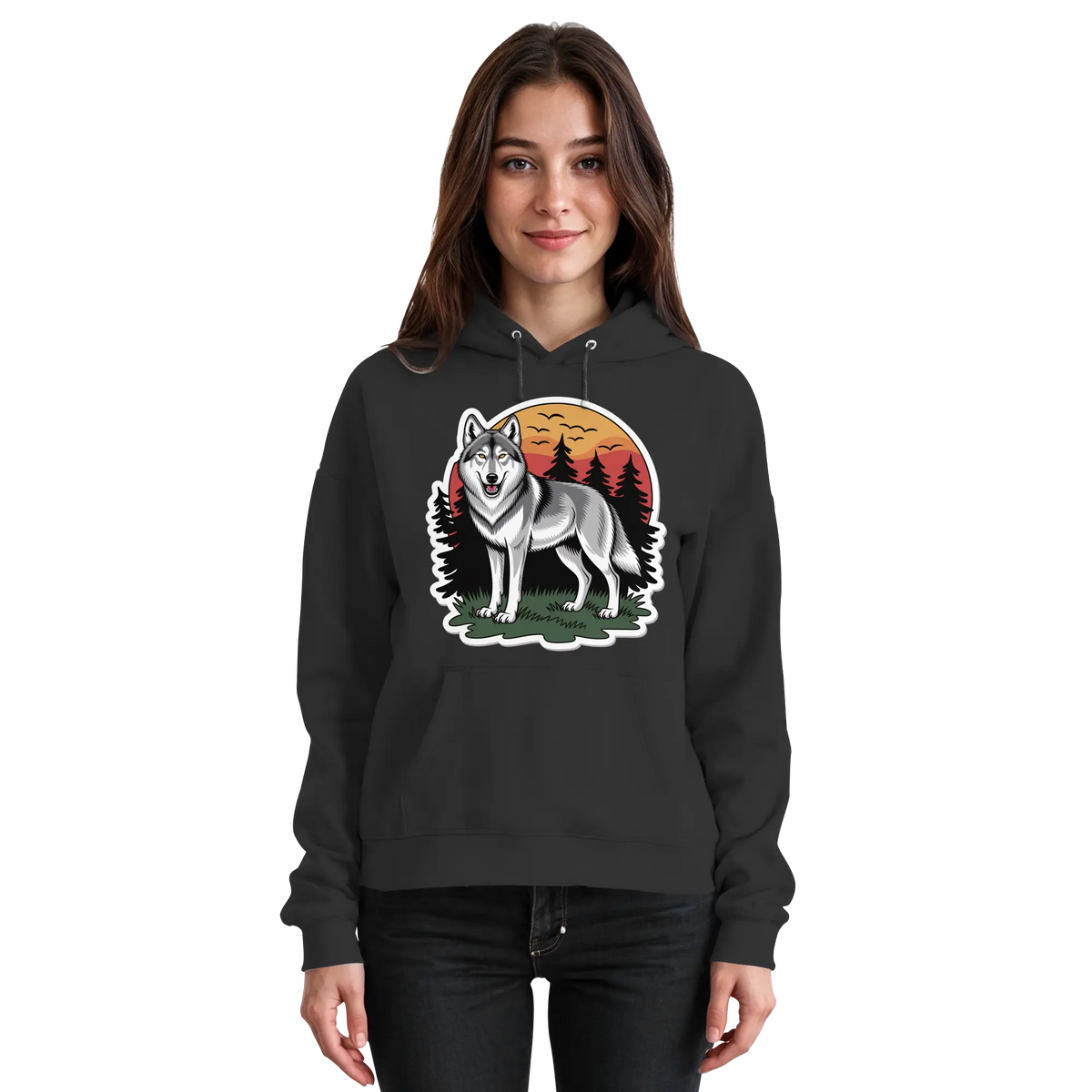 Front view of Arvenzo Lone Dusk unisex black hoodie with a simple design and front pocket, casual and comfortable fit.