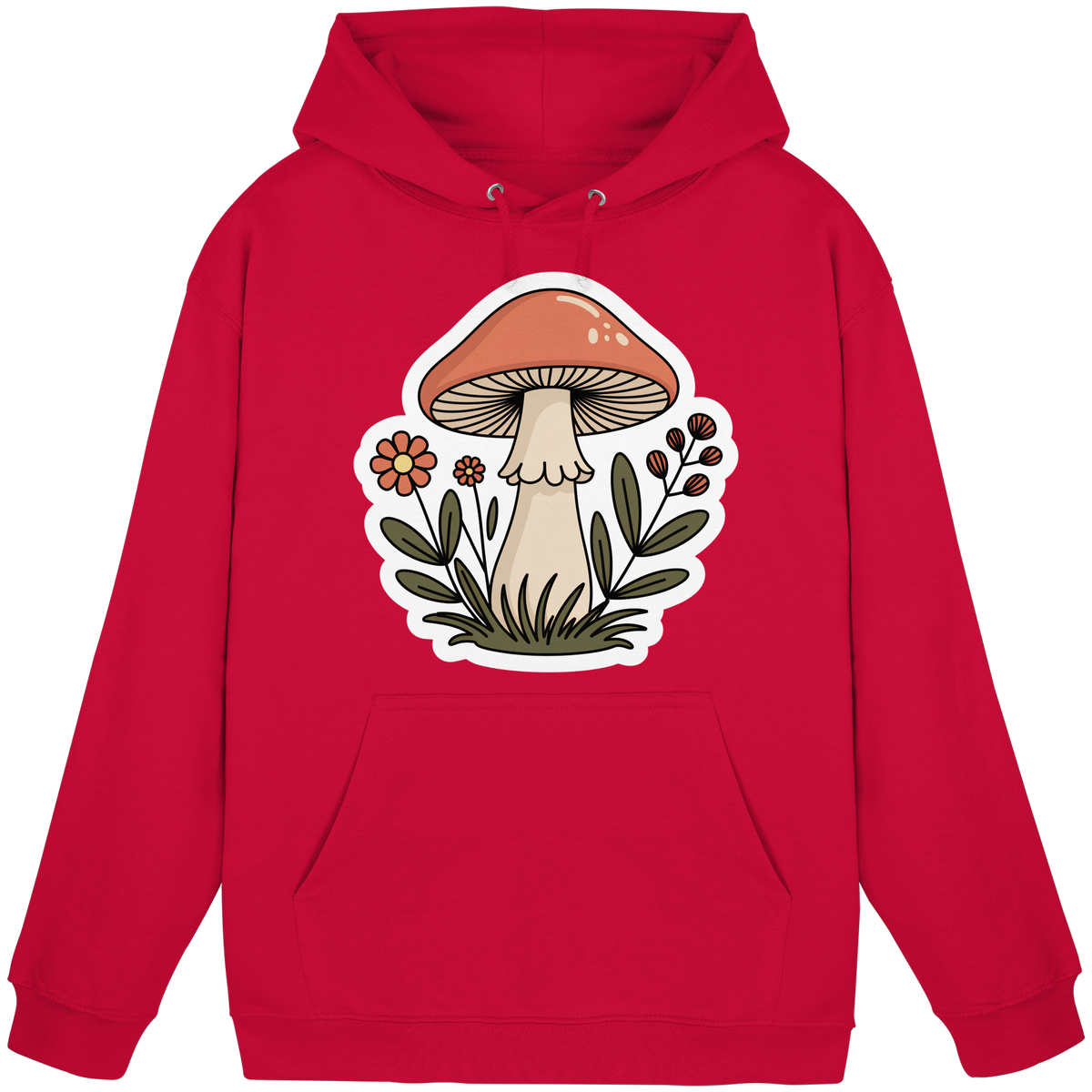 Front view of Arvenzo Still Roots unisex hoodie in fire red showing the basic hoodie design and fit.