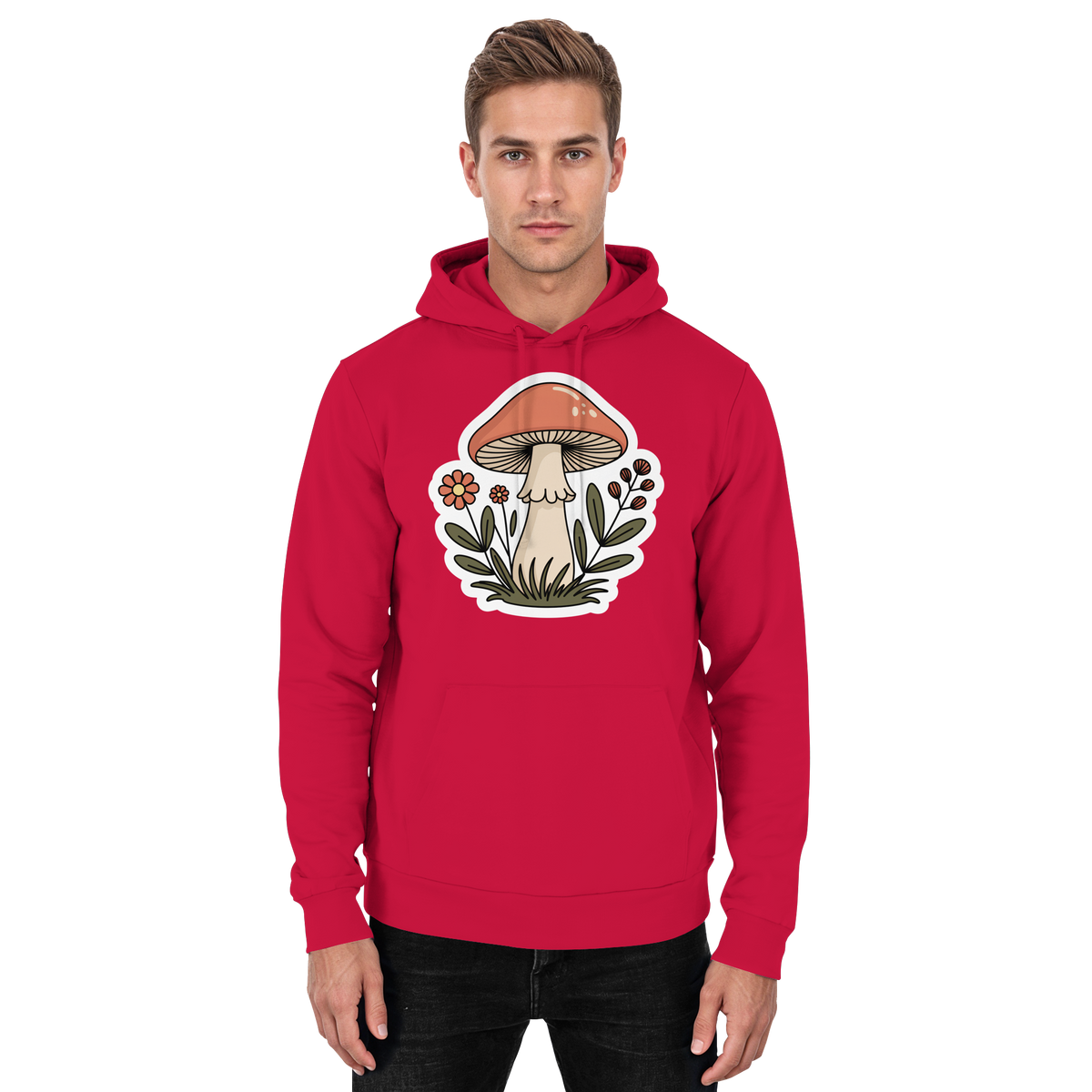 Front view of a unisex Still Roots hoodie by Arvenzo in fire red, featuring a simple, clean design.