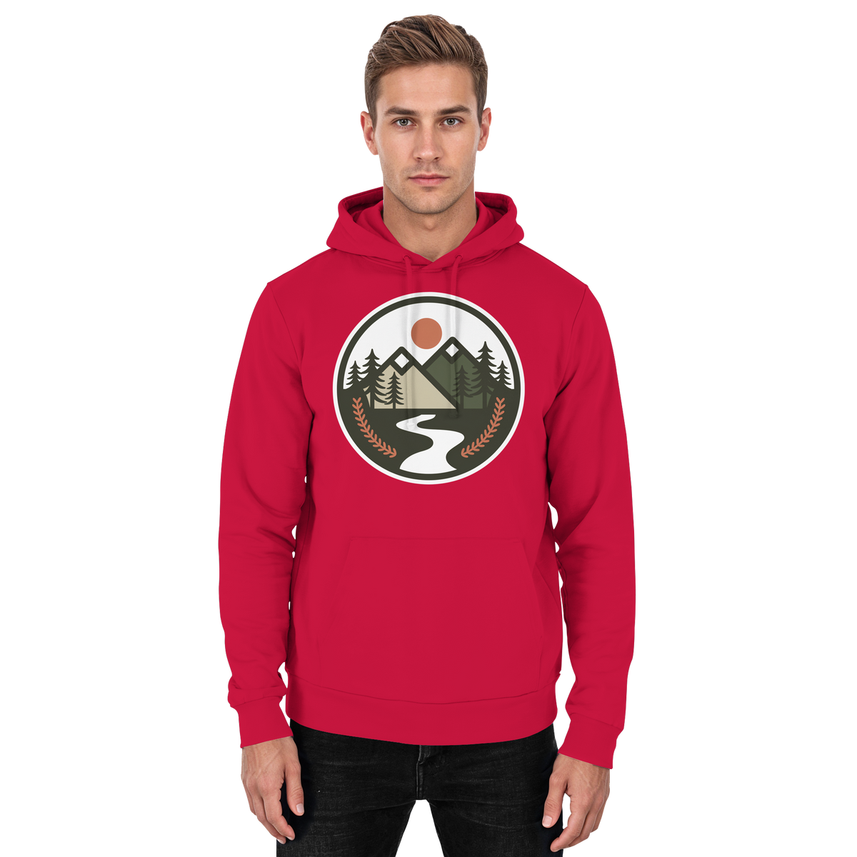 Front view of Arvenzo Open Ground unisex hoodie in fire red, showcasing a basic design with a comfortable fit.