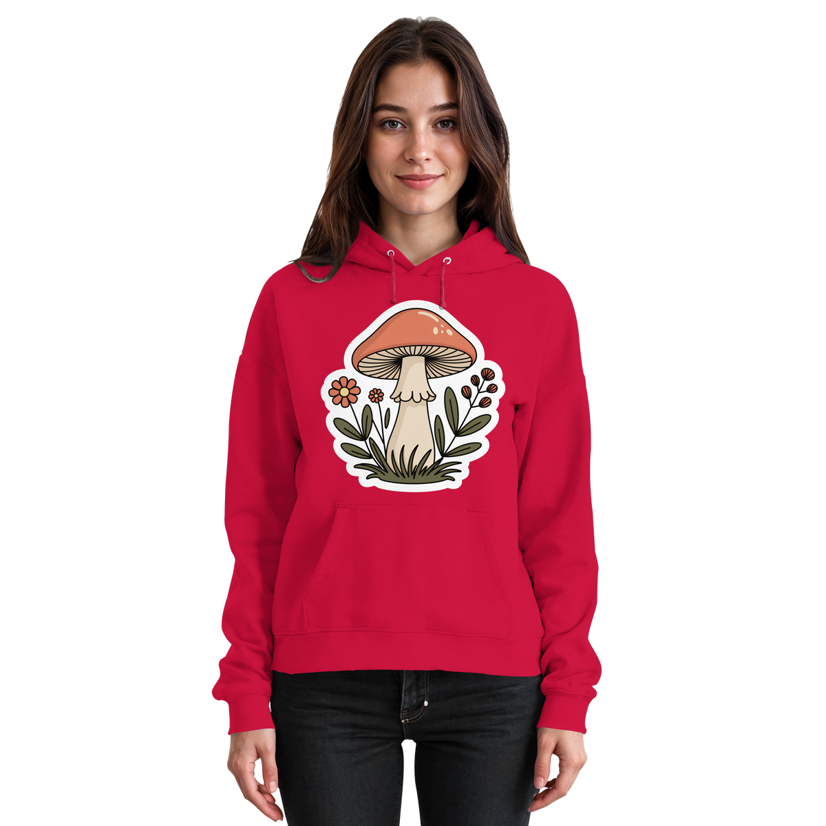 Front view of Arvenzo Still Roots unisex hoodie in vibrant fire red, showcasing a casual, comfortable hoodie design.
