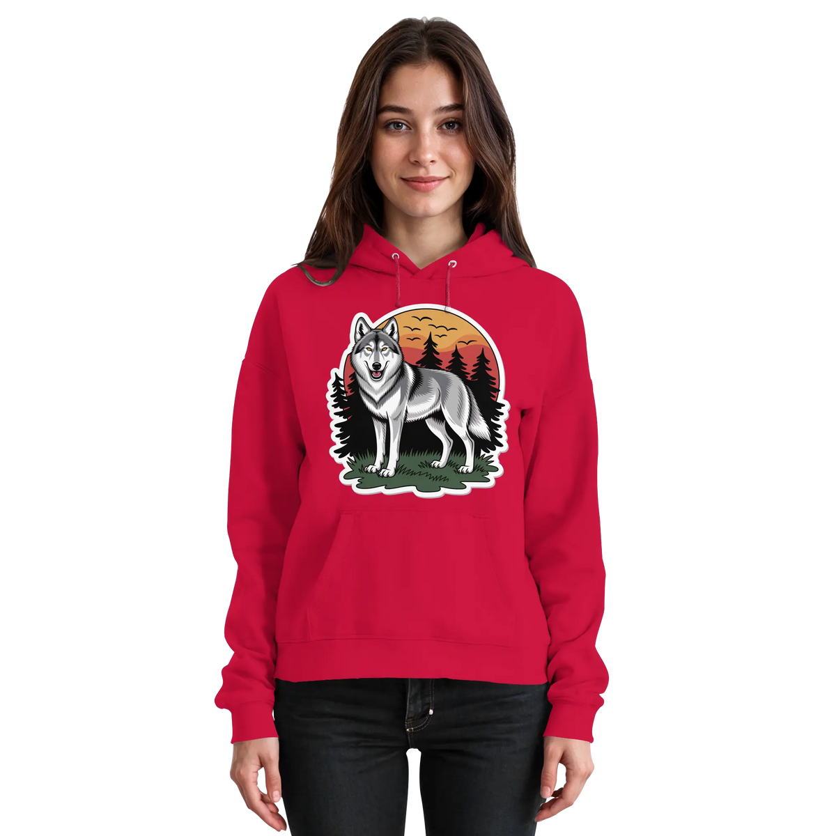 Front view of Arvenzo Lone Dusk unisex hoodie in fire red, featuring a simple design and comfortable fit.
