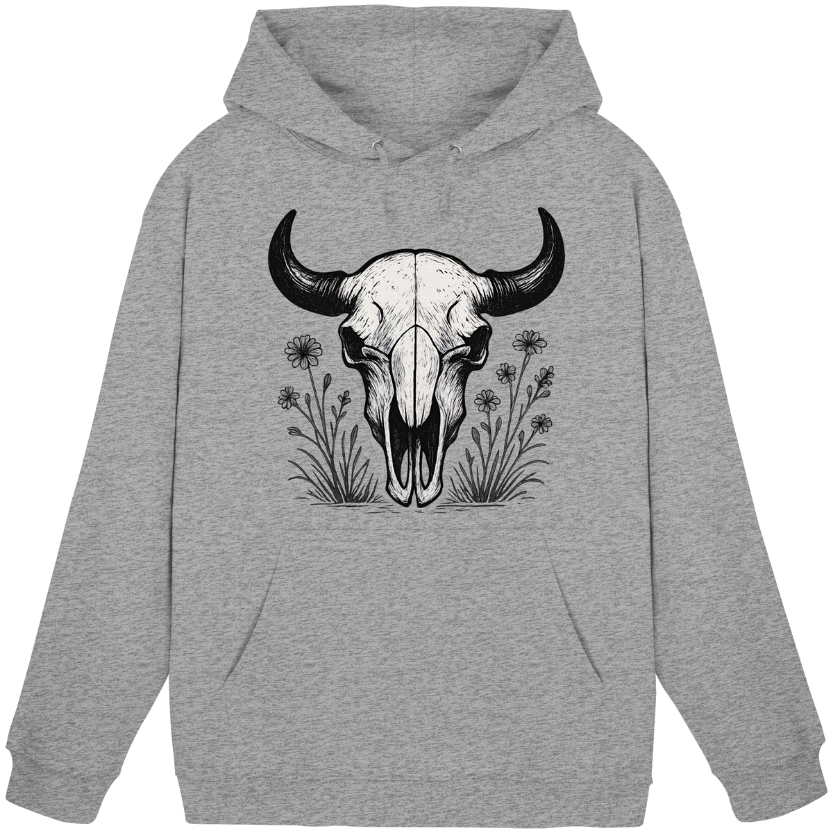 Unisex heather grey hoodie featuring a front Bison Skull design by Arvenzo, casual and comfortable streetwear style.