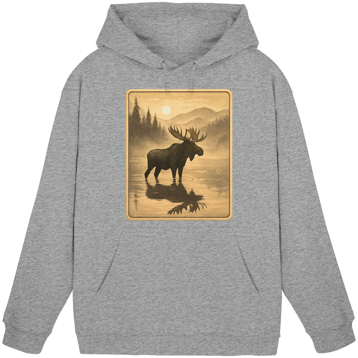 Arvenzo Calm Shore hoodie in heather grey, unisex front view showcasing casual hoodie design with a drawstring hood.