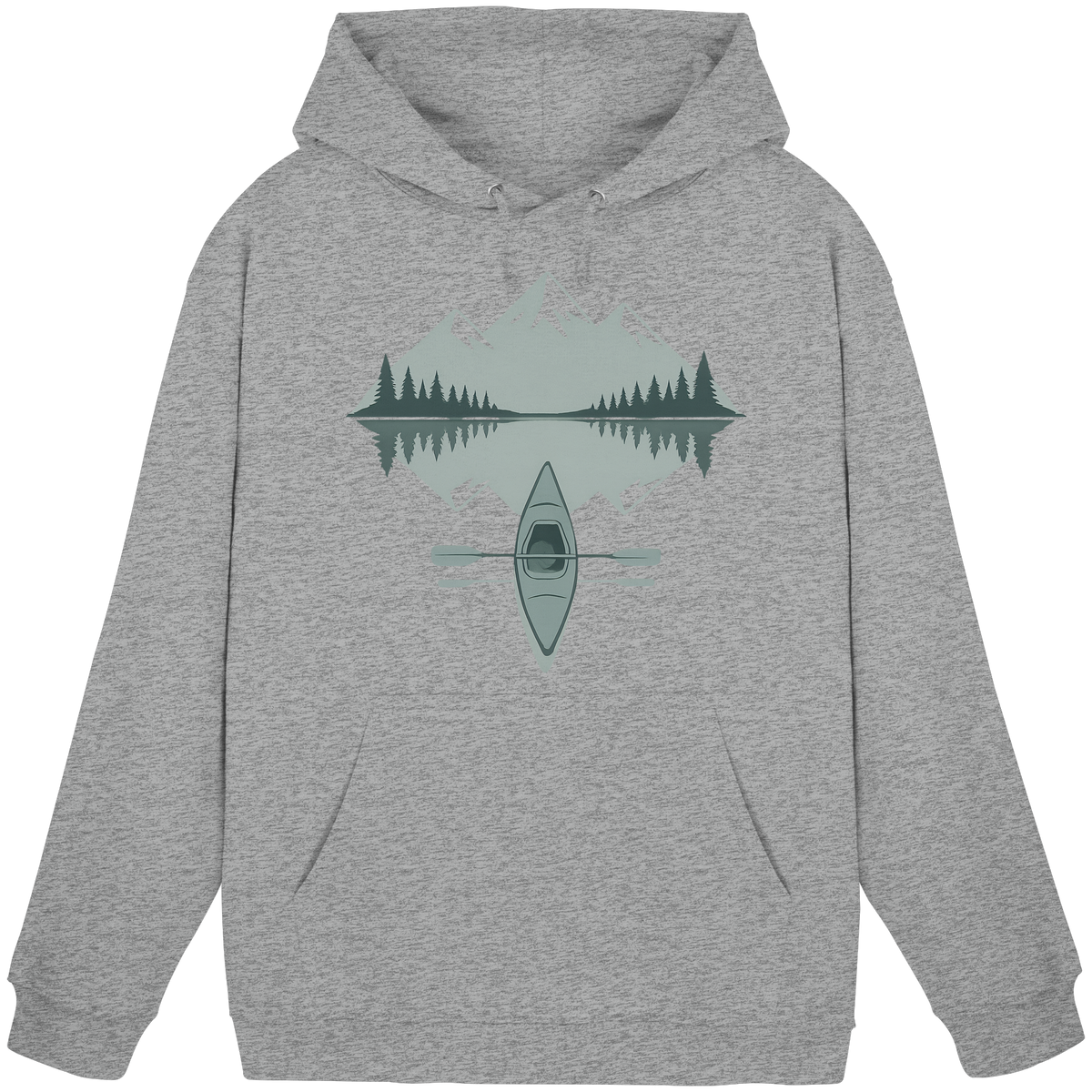 Unisex Heather Grey Mirror Lake Hoodie by Arvenzo, front view showing soft fabric and simple design.
