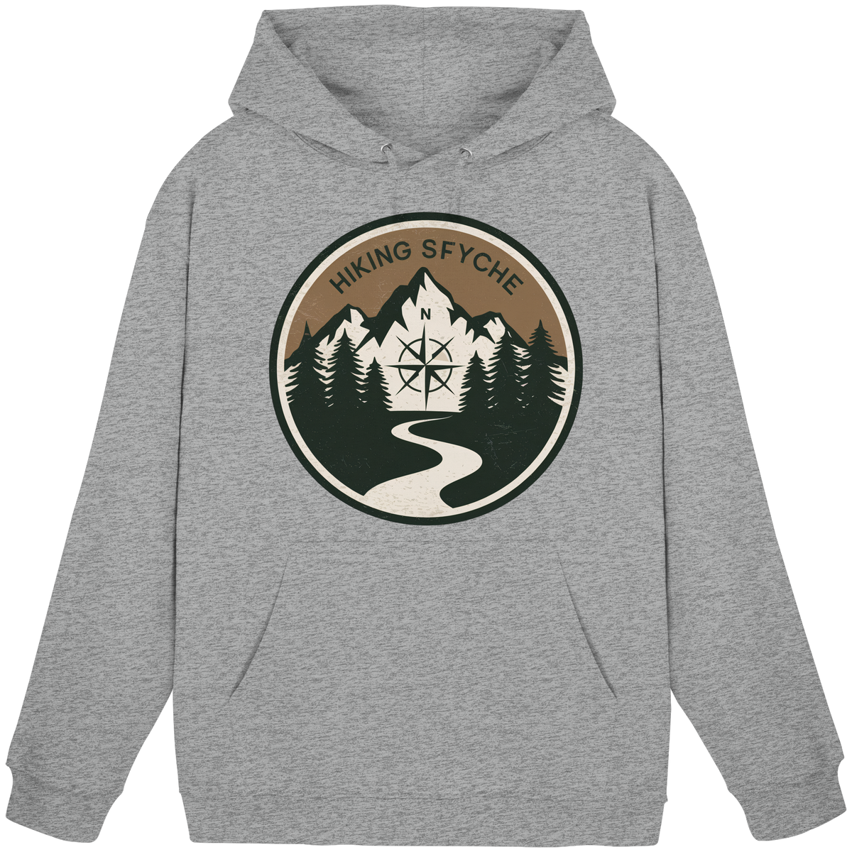 Unisex Heather Grey Trail Crest Hoodie by Arvenzo, front view showing casual fit and soft fabric texture.