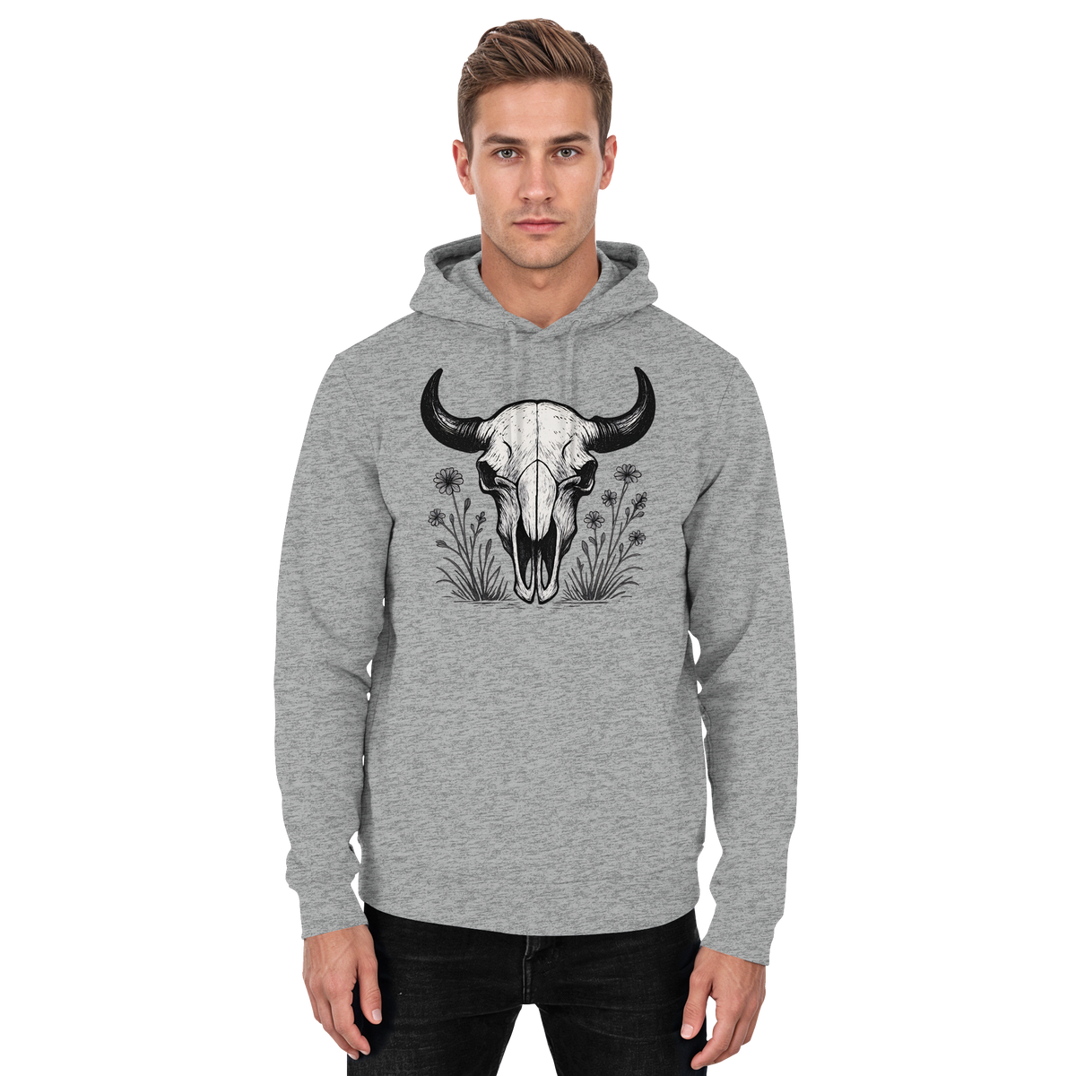 Heather grey unisex hoodie featuring a front Bison Skull graphic from Arvenzo, casual and comfortable streetwear style.