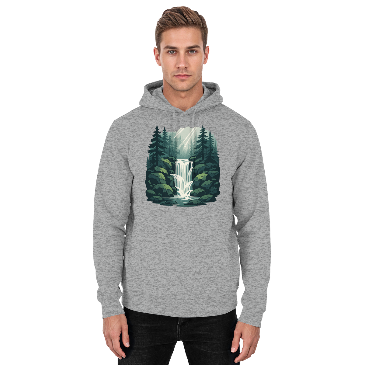 Unisex Heather Grey Fall Creek Hoodie by Arvenzo, front view showcasing the casual hooded sweatshirt with a relaxed fit.