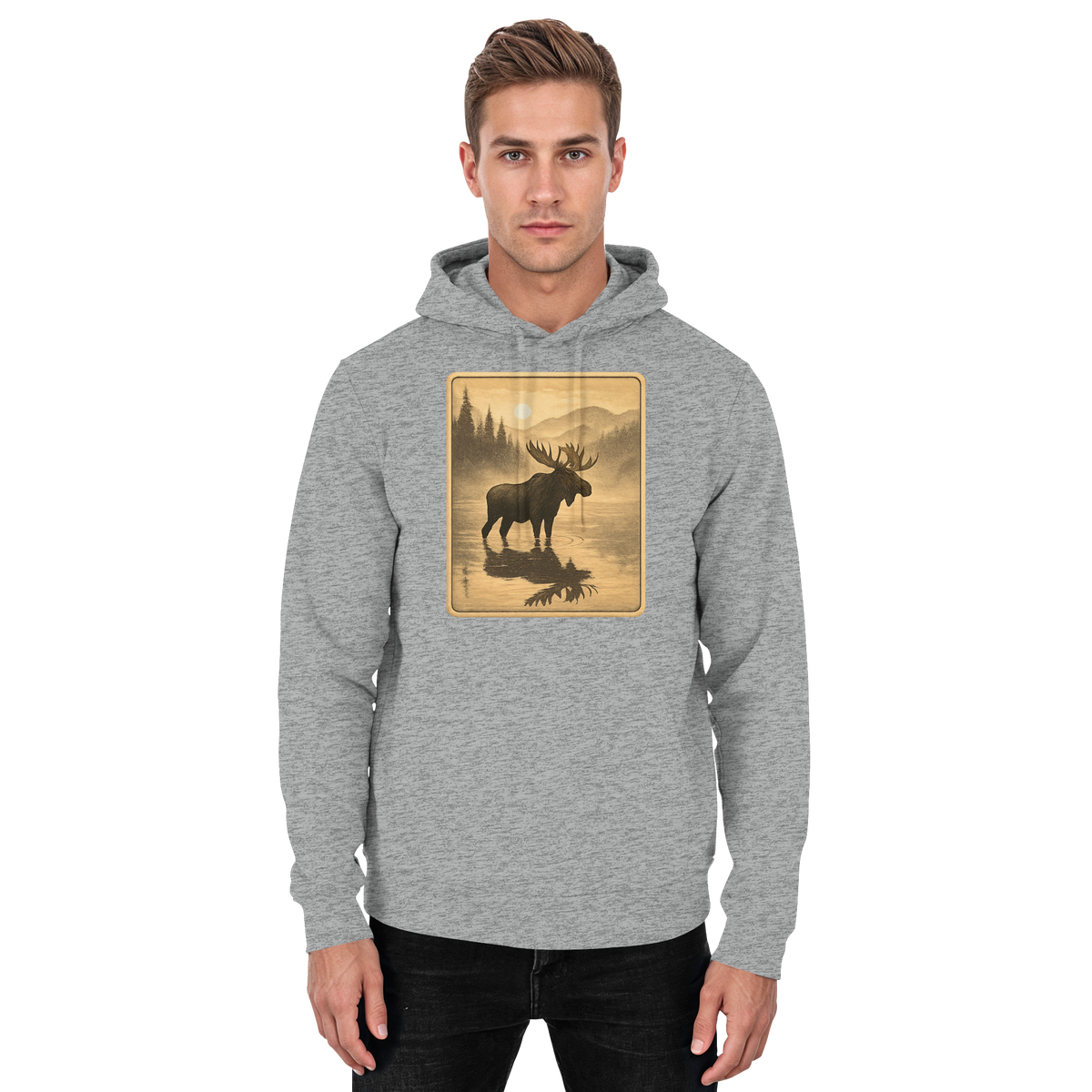 Front view of Arvenzo Calm Shore unisex hoodie in heather grey with a simple, cozy design and a front pocket.