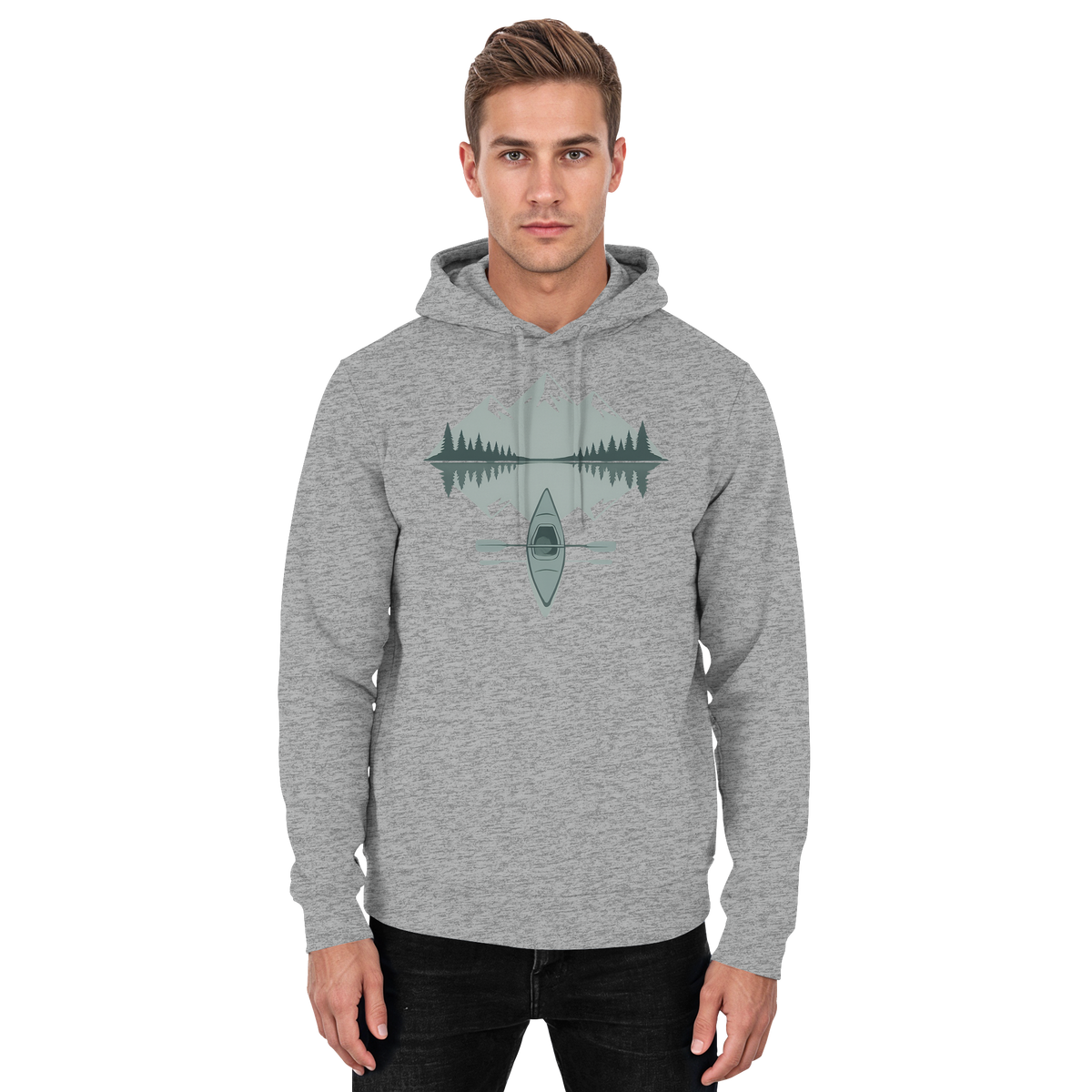 Unisex Heather Grey Mirror Lake Hoodie by Arvenzo, front view showing soft fabric and classic hoodie design.