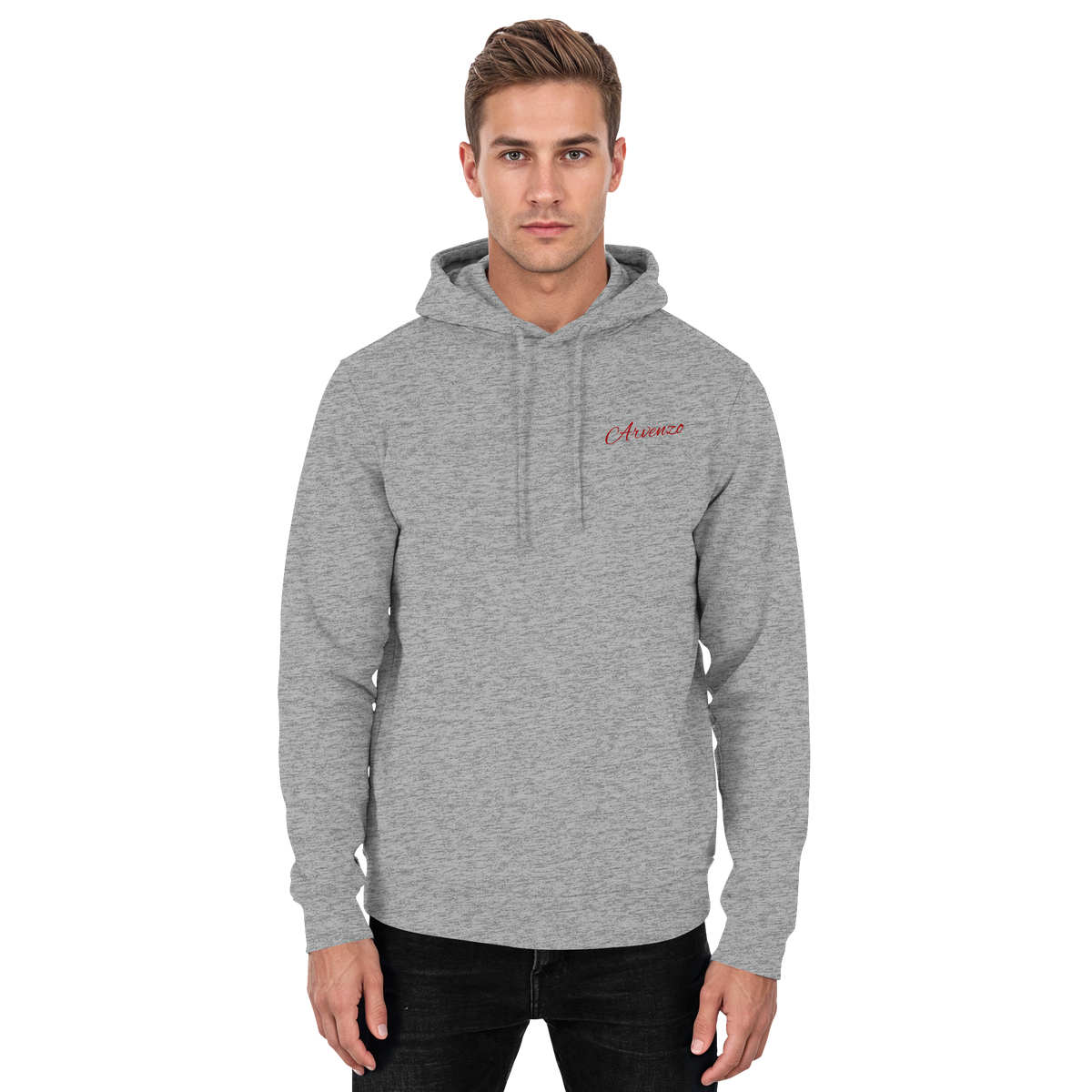 Unisex heather grey Arvenzo Pure Ground Hoodie with front design, casual style, and comfortable fit.