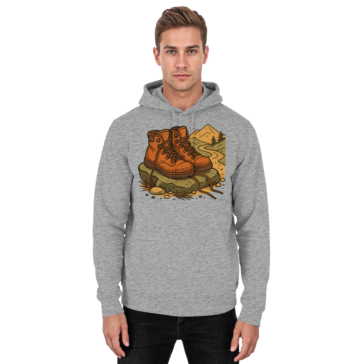 Unisex Heather Grey Trail Rest Hoodie by Arvenzo, front view showcasing its casual, comfortable fit and soft fabric.