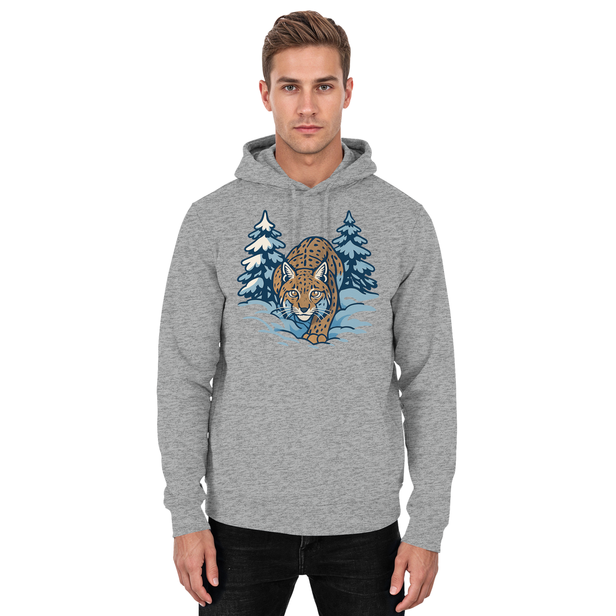 Unisex Heather Grey Snow Lynx Hoodie by Arvenzo, front view showing cozy hood and casual fit.