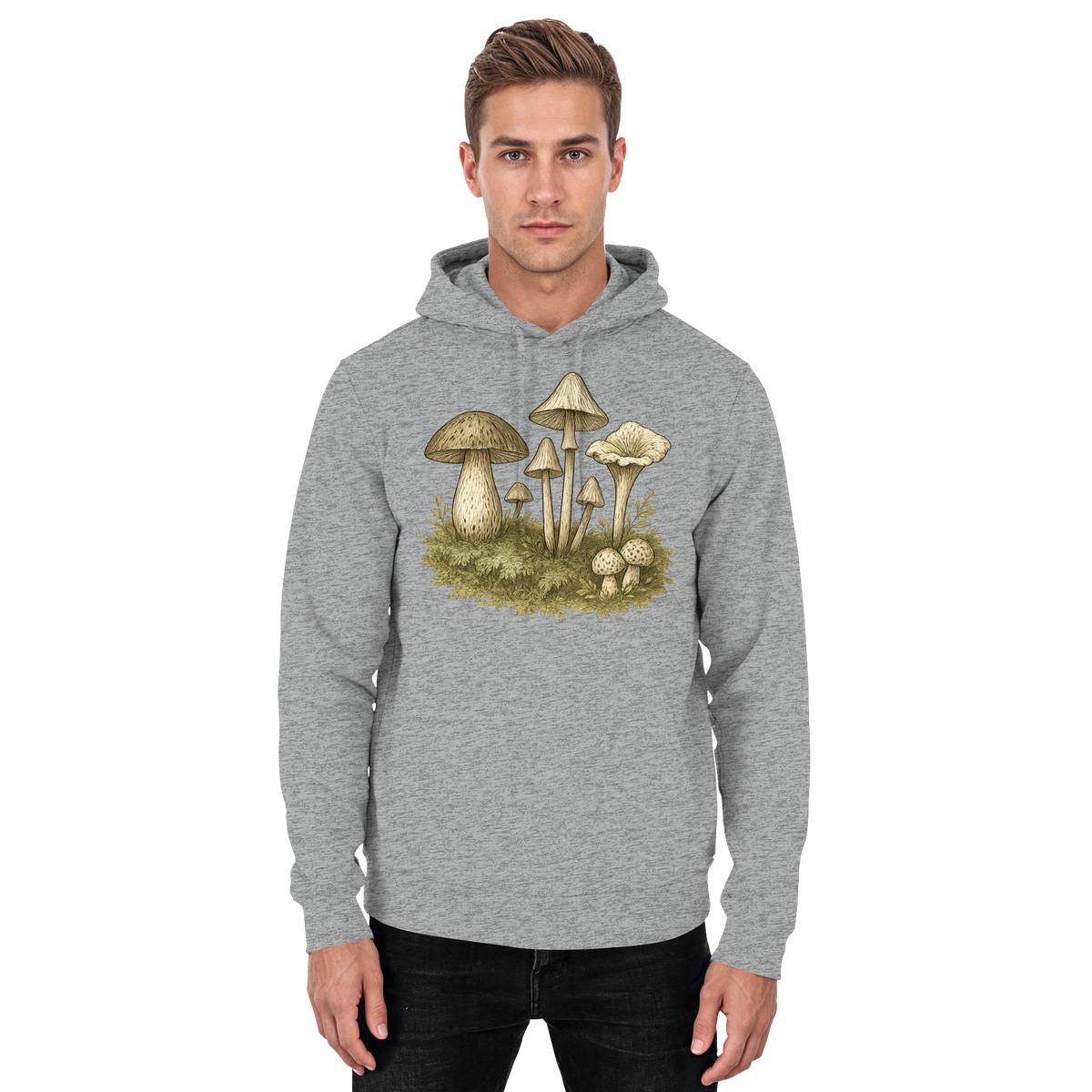 Unisex Heather Grey Forest Floor Hoodie by Arvenzo, front view showcasing the cozy, casual design and forest-themed graphic.