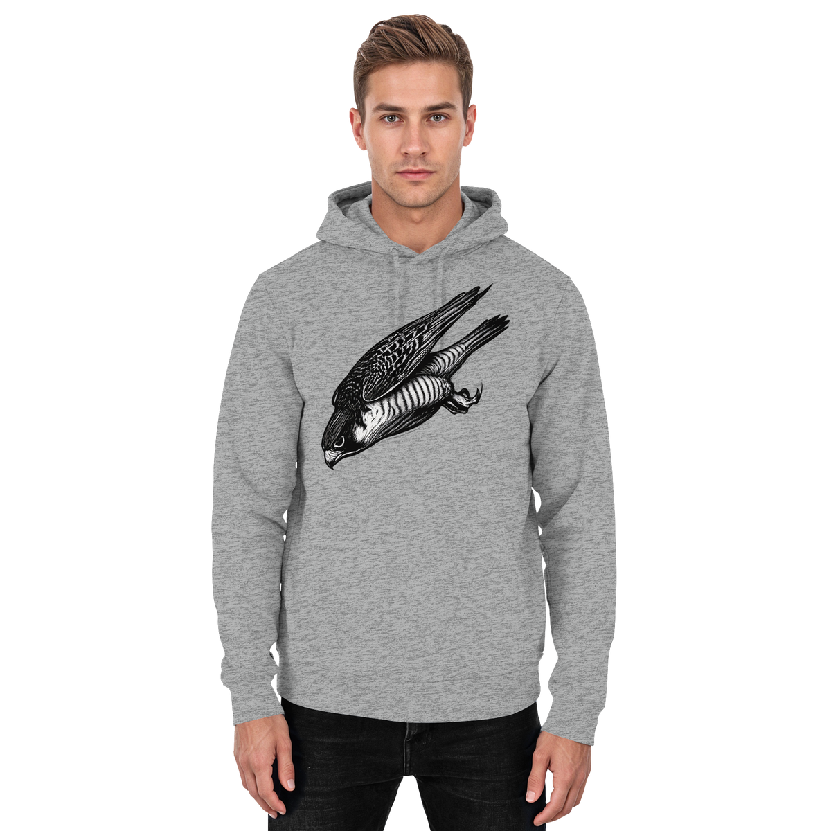 Unisex Heather Grey Swift Dive Hoodie by Arvenzo, front view showing a basic hooded sweatshirt with a casual fit.