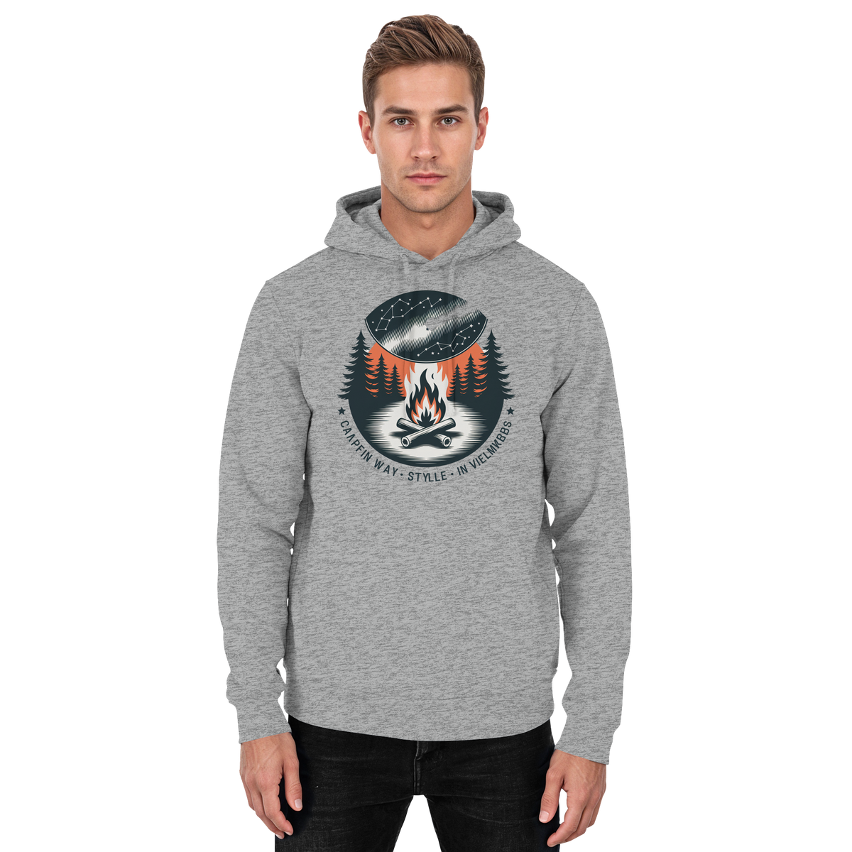 Unisex grey Heather Star Map Hoodie by Arvenzo, front view showing star pattern design on the hoodie.