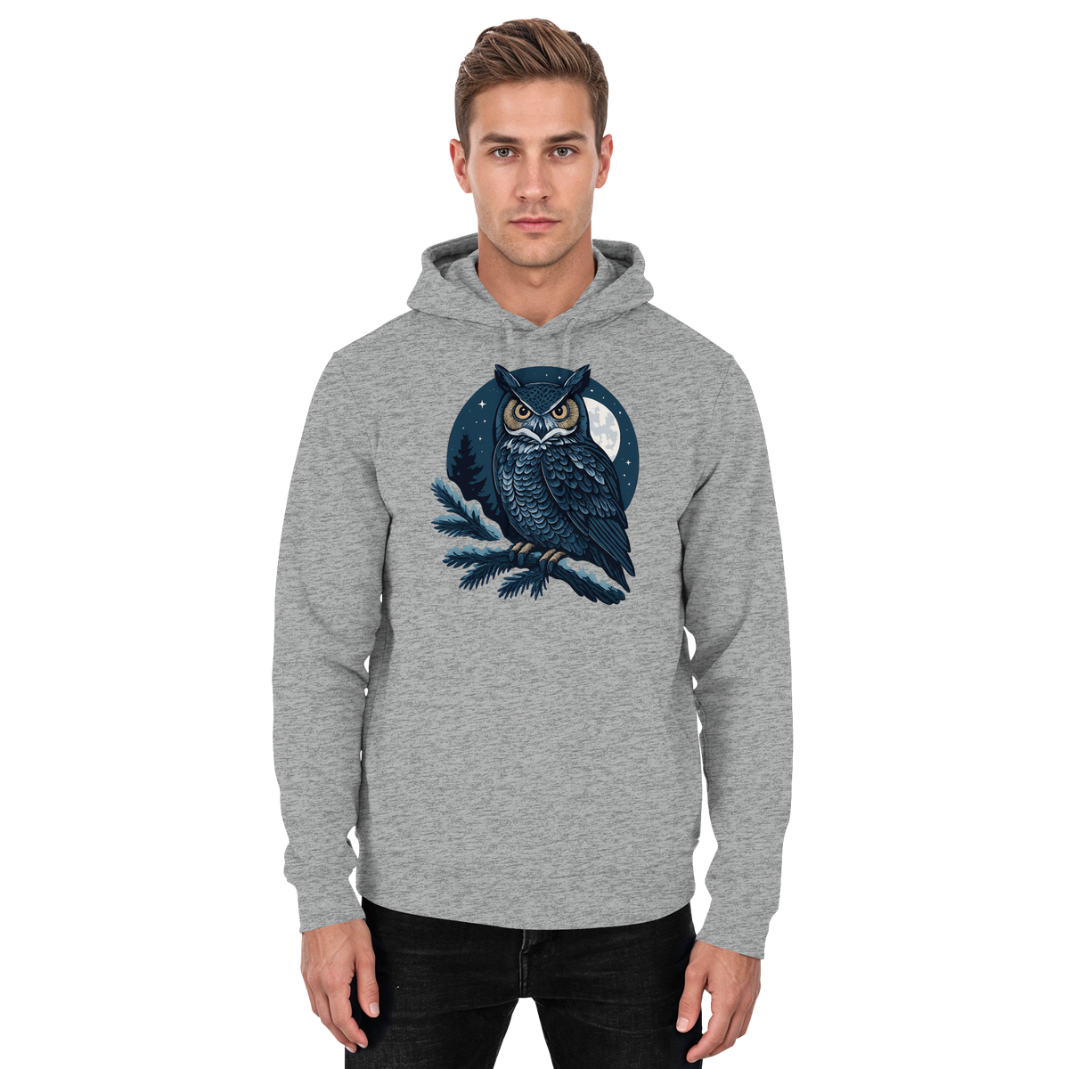 Front view of a unisex Heather Grey Arvenzo Night Watch Hoodie with a simple, classic design and comfortable fit.