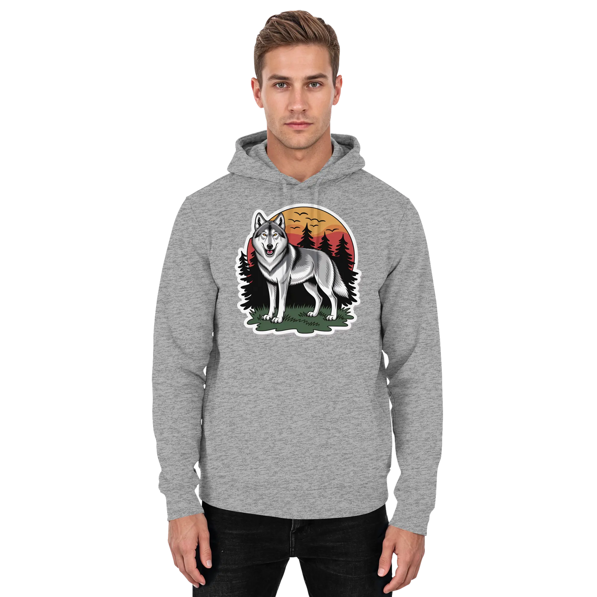 Arvenzo Lone Dusk unisex hoodie in Heather Grey, front view showing the simple, casual hoodie design.