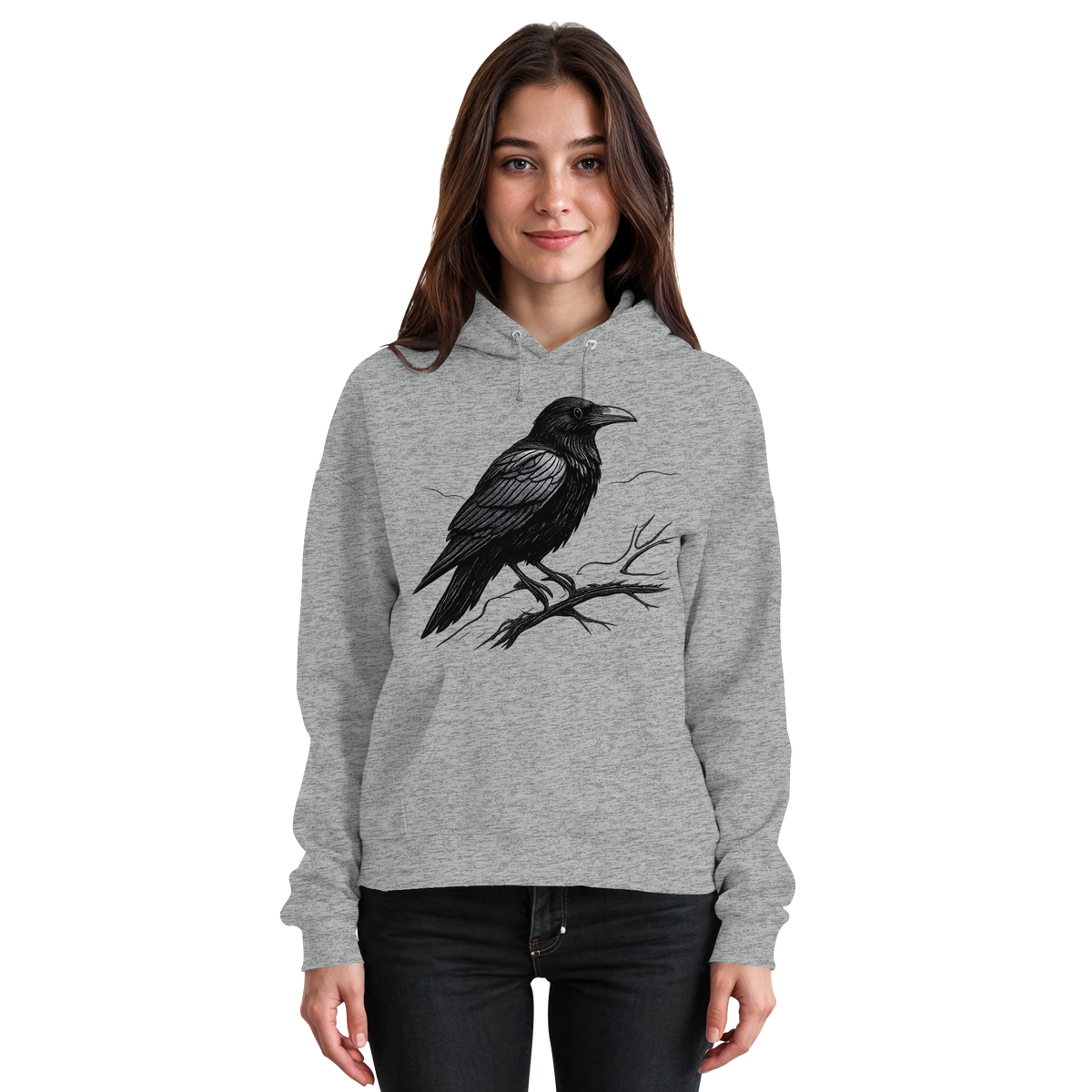 Front view of Arvenzo Dark Raven Hoodie in heather grey, unisex design with a classic hoodie style and front pocket.