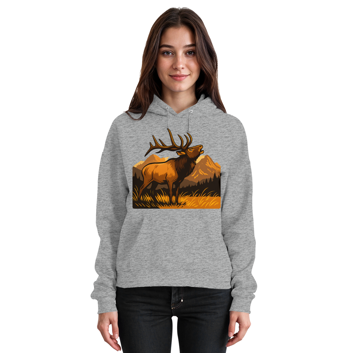 Unisex Heather Grey Elk Meadow Hoodie by Arvenzo, front view showing a comfortable casual sweatshirt with a hood.