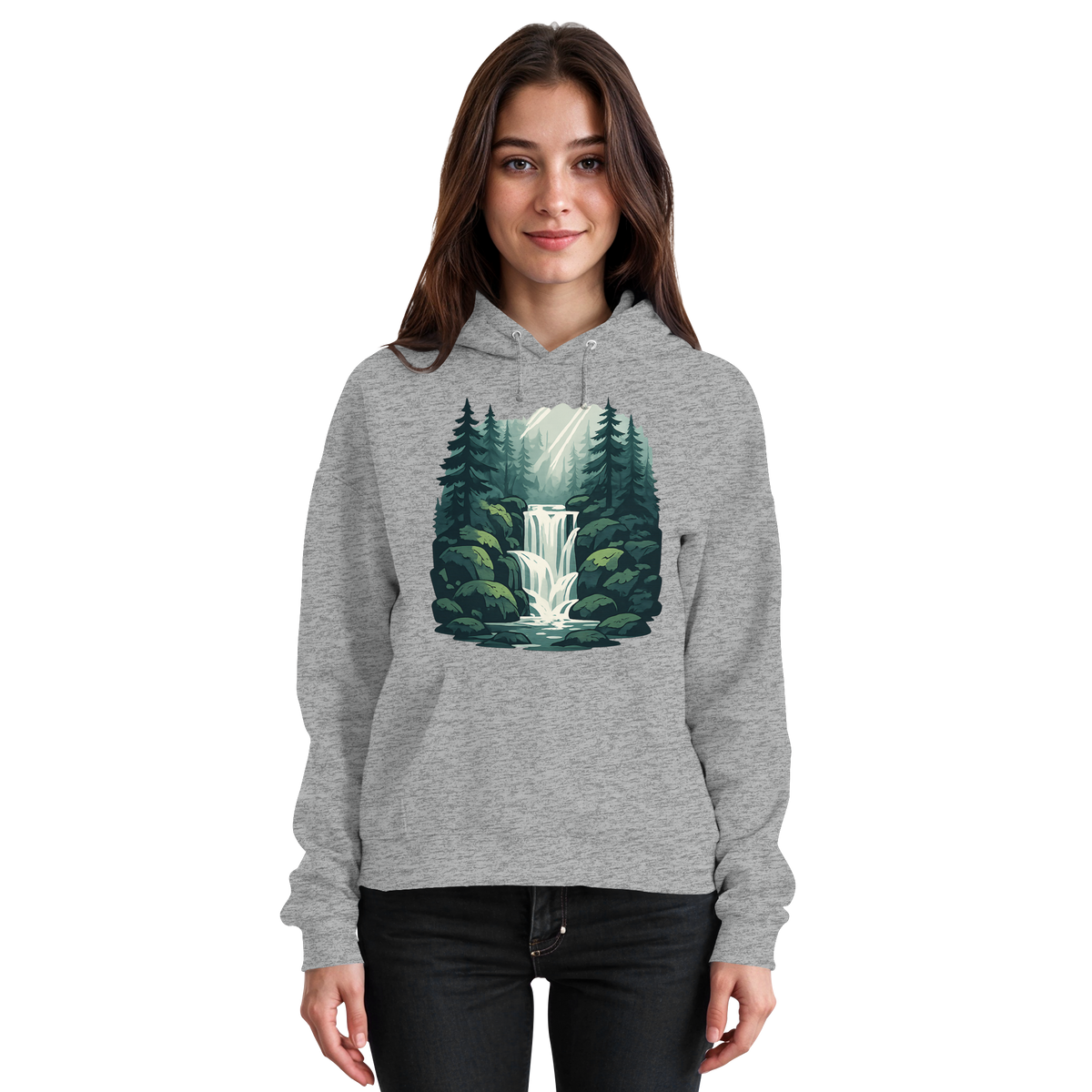 Heather grey Fall Creek Hoodie by Arvenzo, front view showing classic unisex hoodie with a drawstring hood and soft fabric.