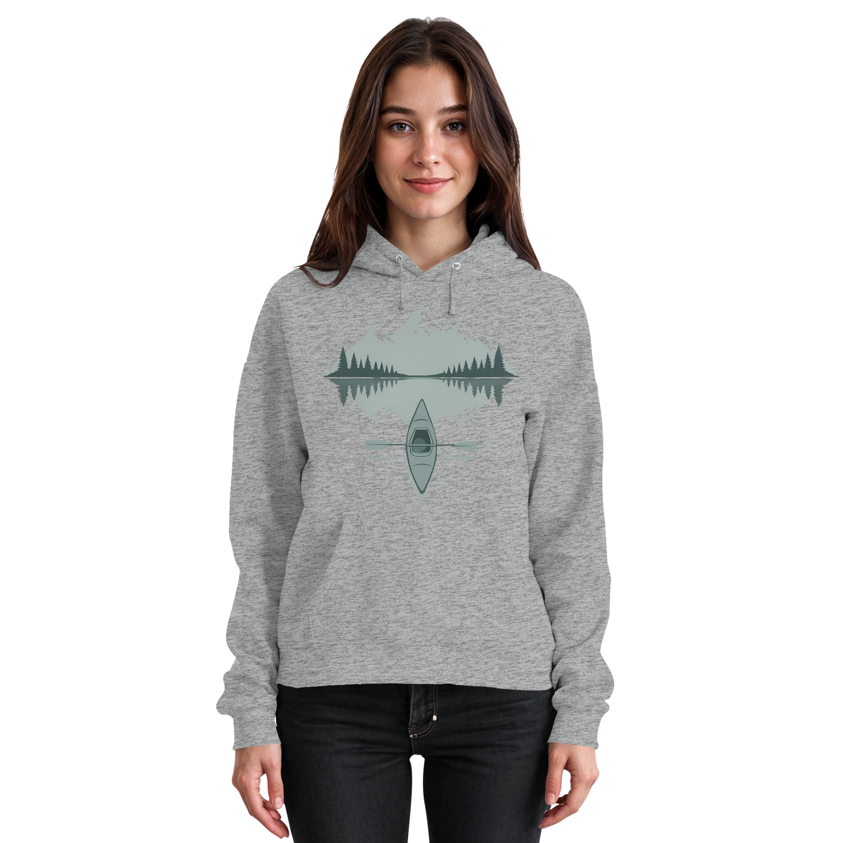 Unisex Heather Grey Mirror Lake Hoodie by Arvenzo, front view showing simple design and comfortable fit.