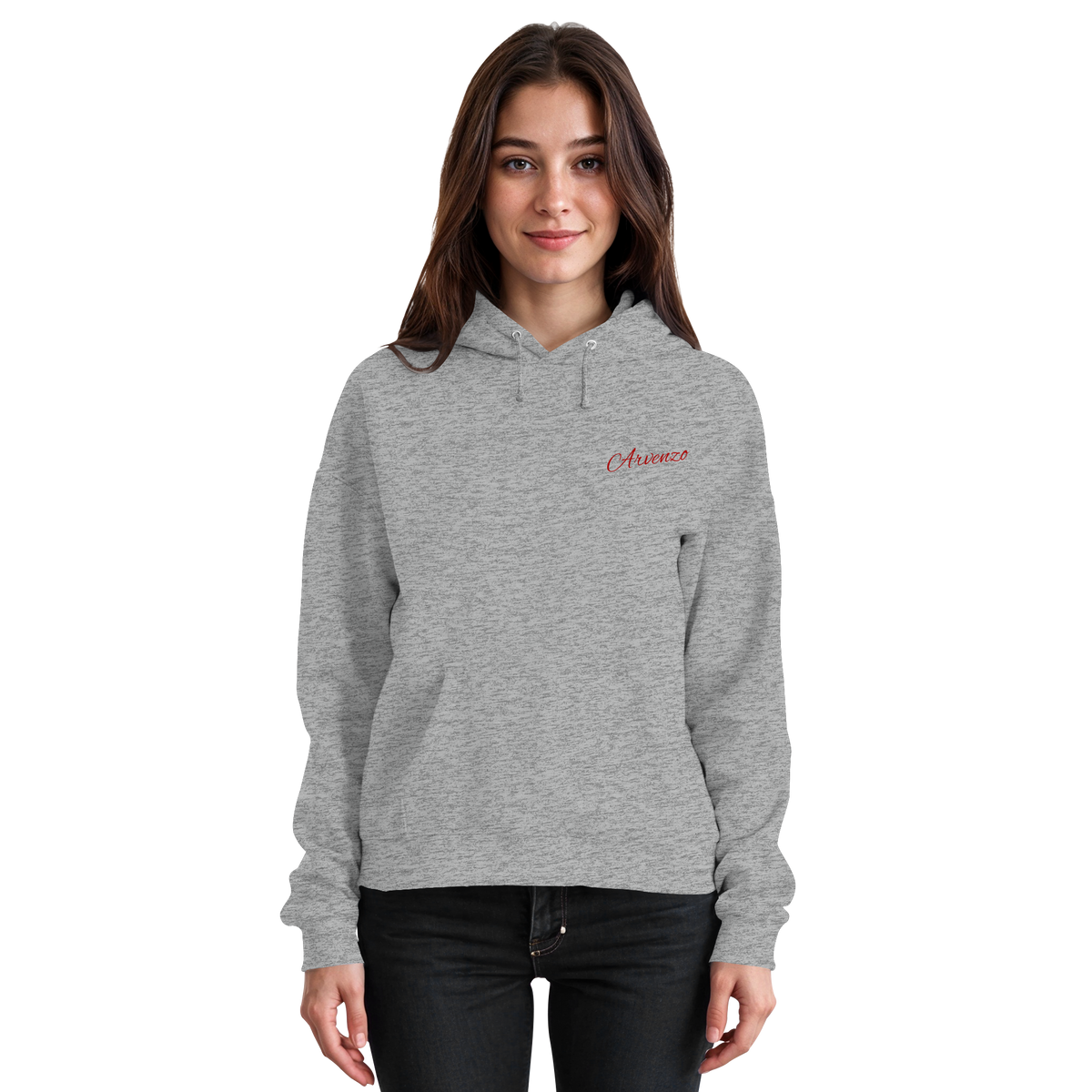Front view of Arvenzo Pure Ground unisex hoodie in heather grey, showcasing a basic pullover design and soft fabric.