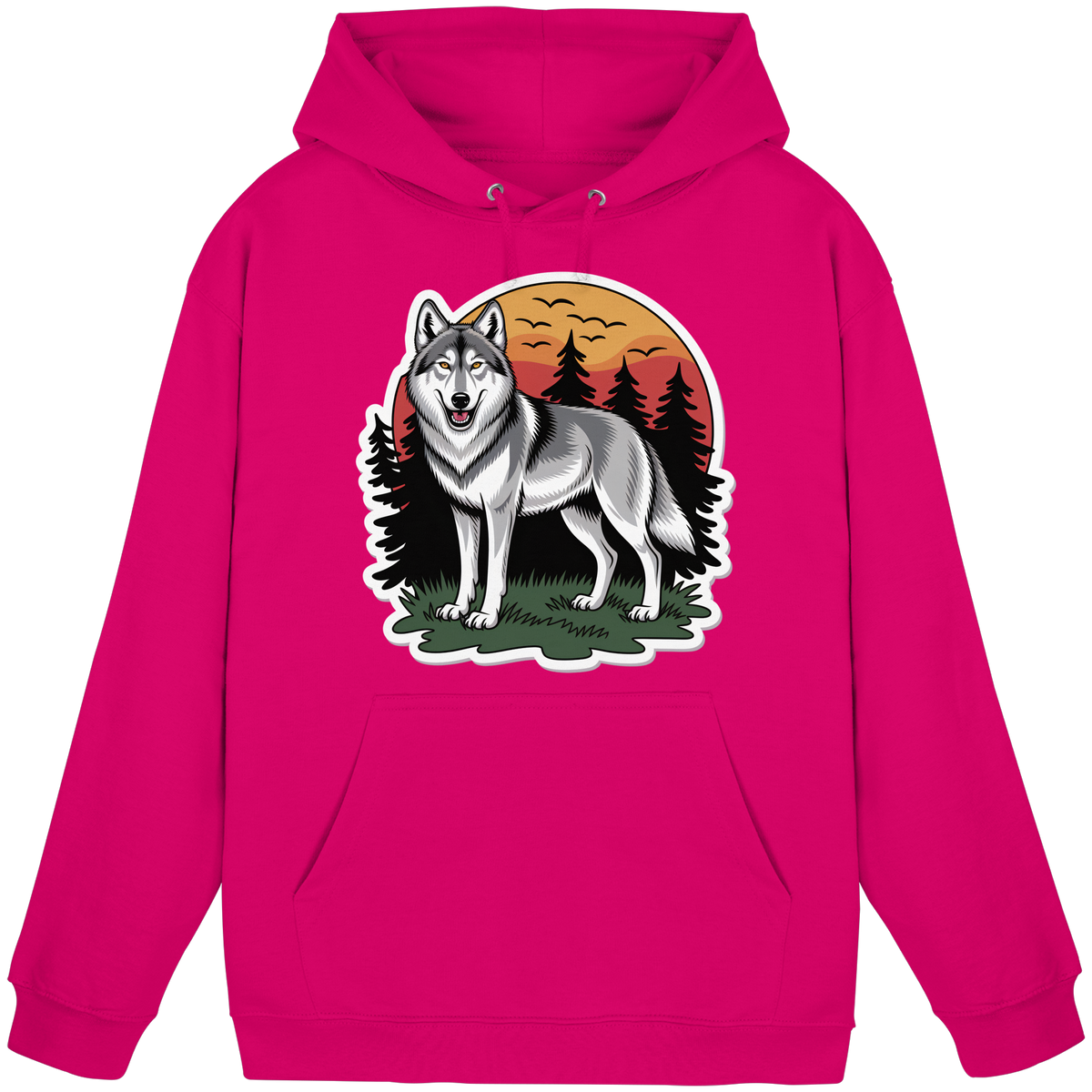 Front view of Arvenzo Lone Dusk unisex hoodie in vibrant hot pink with a simple design and adjustable drawstring hood.