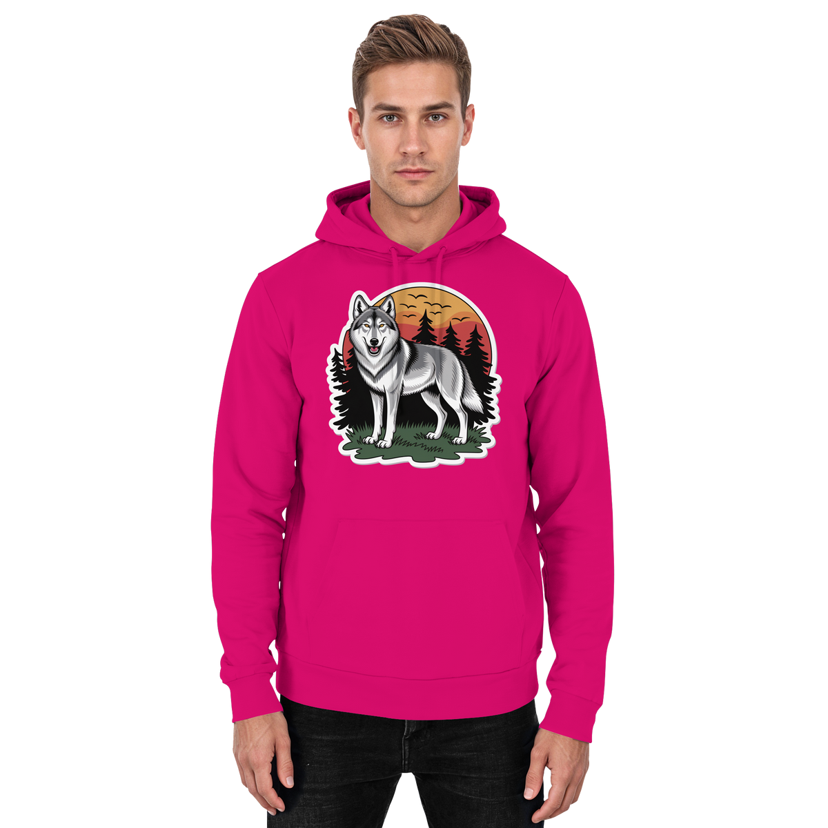 Front view of Arvenzo Lone Dusk unisex hoodie in vibrant hot pink, featuring a simple design and comfortable fit.