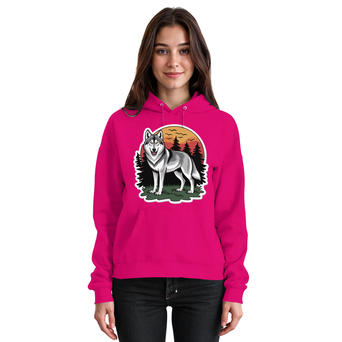 Front view of a unisex hot pink Arvenzo Lone Dusk hoodie with a basic design and front pocket.