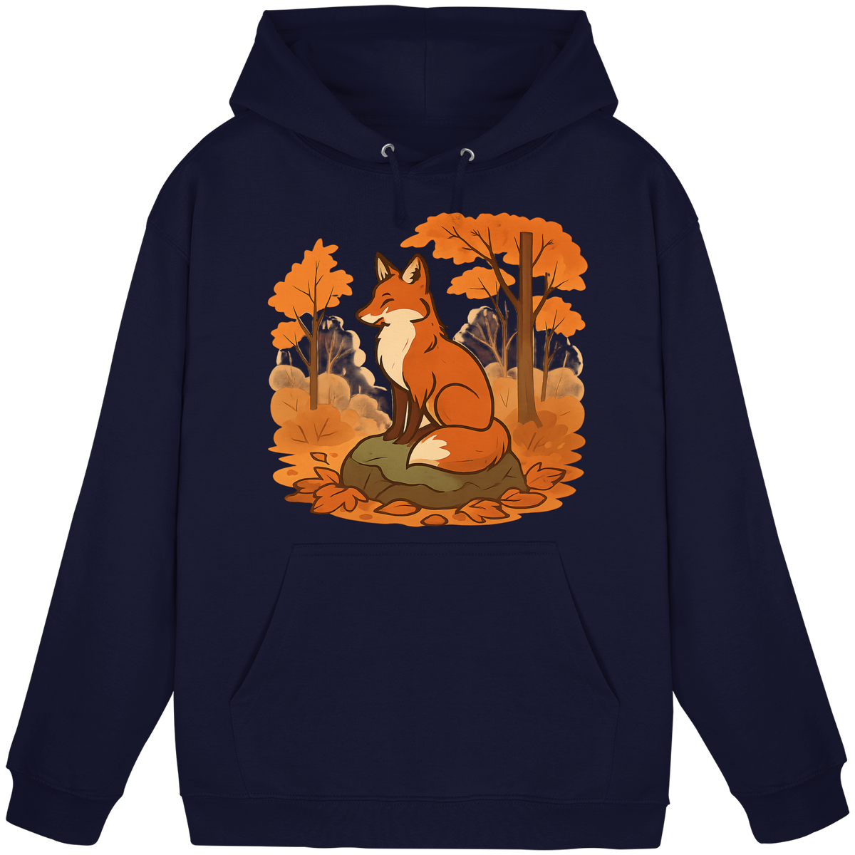 Front view of Arvenzo Ember Trail Hoodie in navy, showcasing a classic unisex hoodie design with a front pocket and drawstrings.
