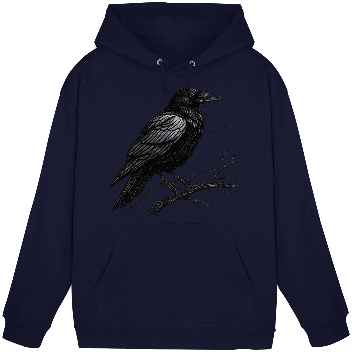 Front view of Arvenzo Dark Raven Hoodie in navy, featuring a classic unisex hoodie design with a drawstring hood and front pocket.