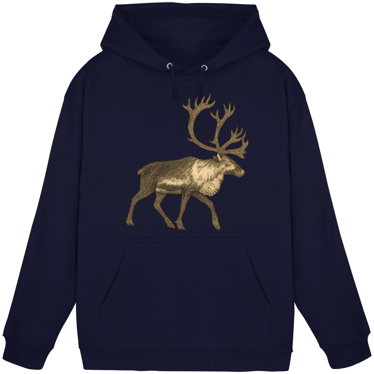 Front view of Arvenzo Tundra Walk hoodie, unisex oxford navy hoodie with a simple design and soft fabric.