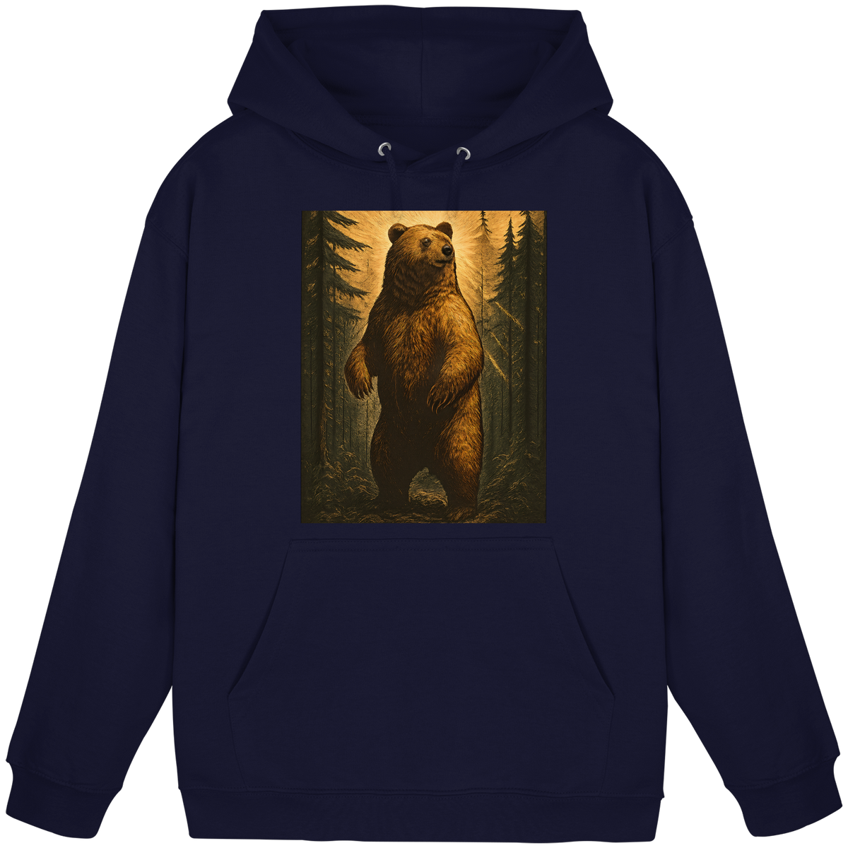 Front view of Arvenzo Deep Timber Hoodie in navy, unisex design with a basic fit and hoodie with drawstrings.