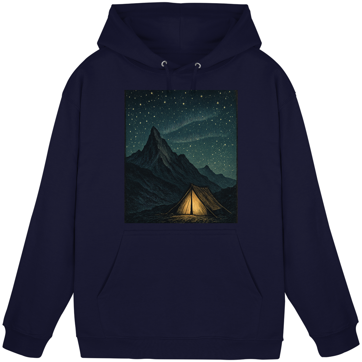 Unisex navy Arvenzo North Light Hoodie with front design, soft fabric, and adjustable drawstrings on the hood.