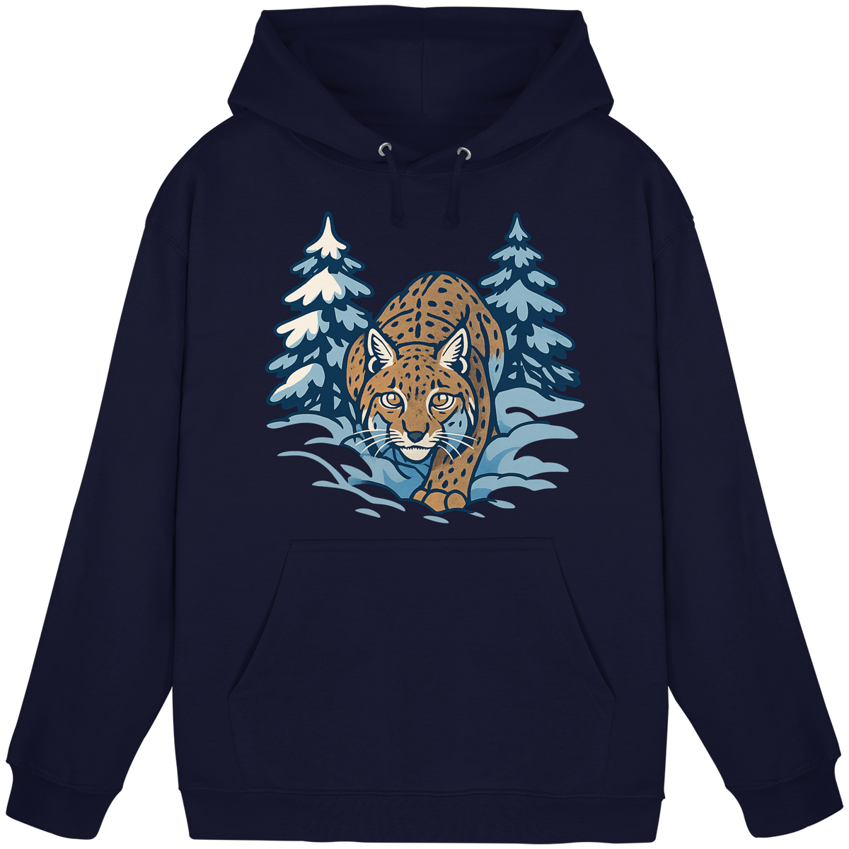 Front view of Arvenzo Snow Lynx hoodie in navy, classic unisex design with a hood and front pocket.