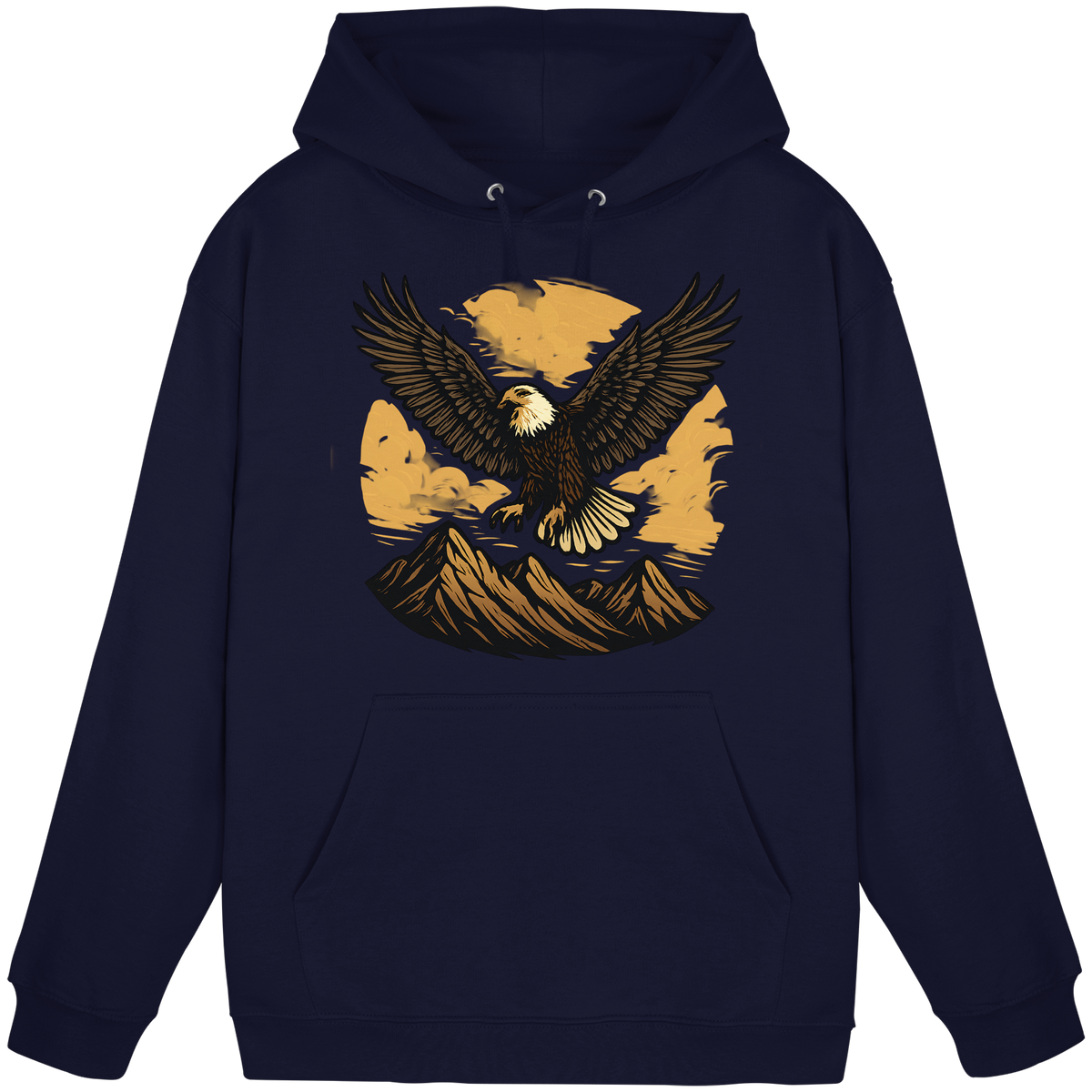 Front view of Arvenzo Iron Wing hoodie in navy with a minimalist wing graphic on a basic unisex design.