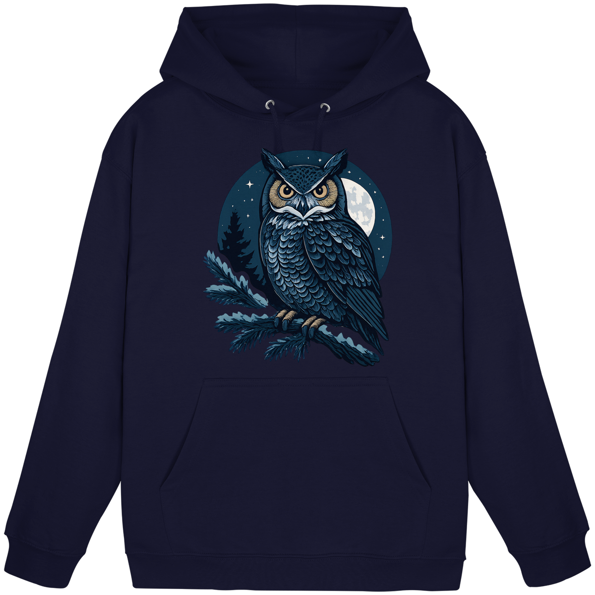 Front view of Arvenzo Night Watch Hoodie in navy blue, unisex hoodie with a simple, classic design and a front pocket.