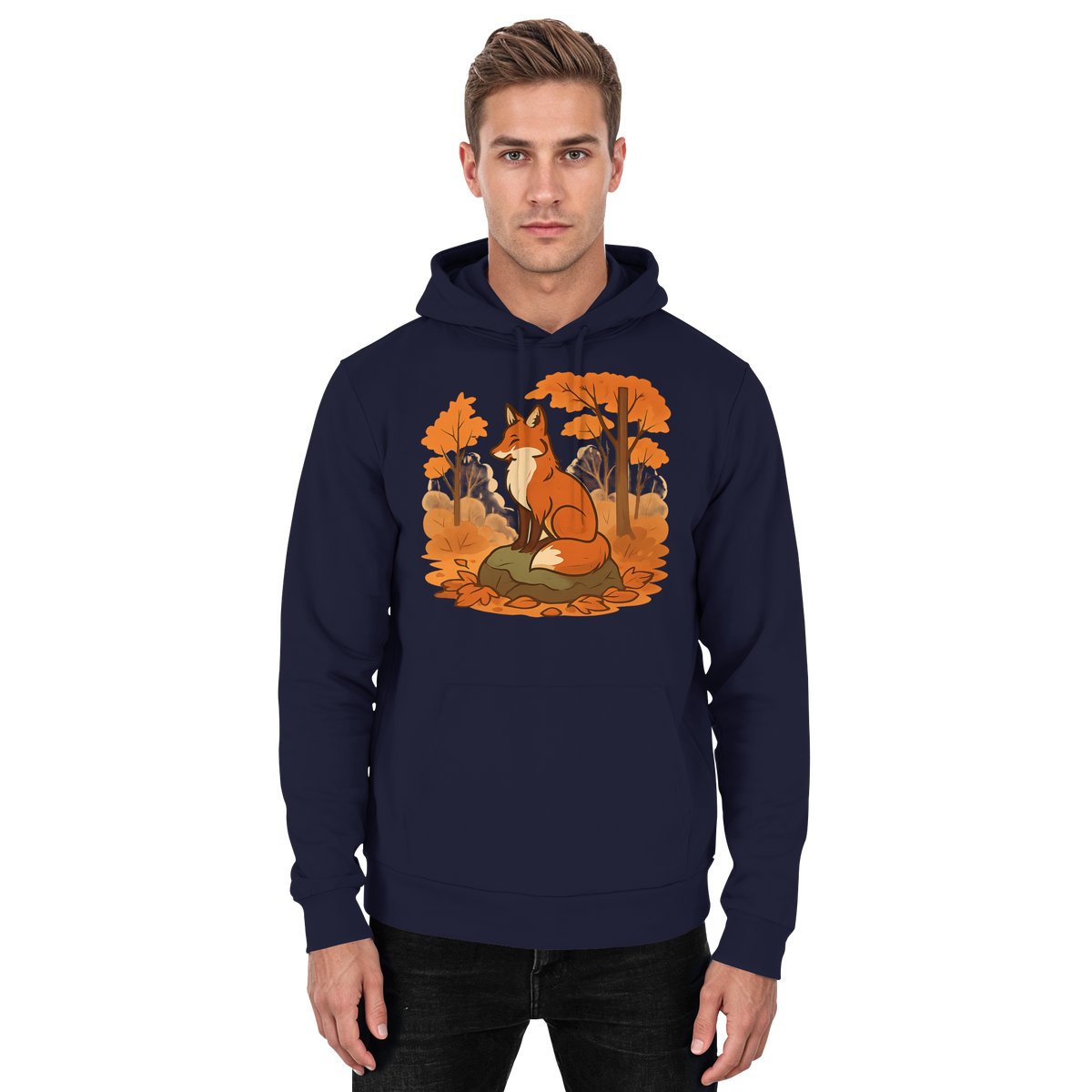 Unisex navy blue Ember Trail Hoodie by Arvenzo, showing a front view with a classic hoodie design and adjustable drawstrings.