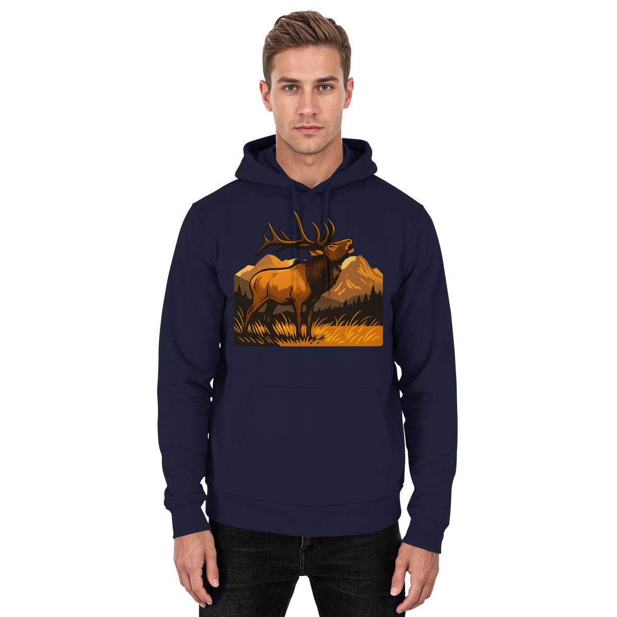 Front view of Arvenzo Elk Meadow Hoodie in navy, unisex design with a simple, classic hoodie style and front pocket.