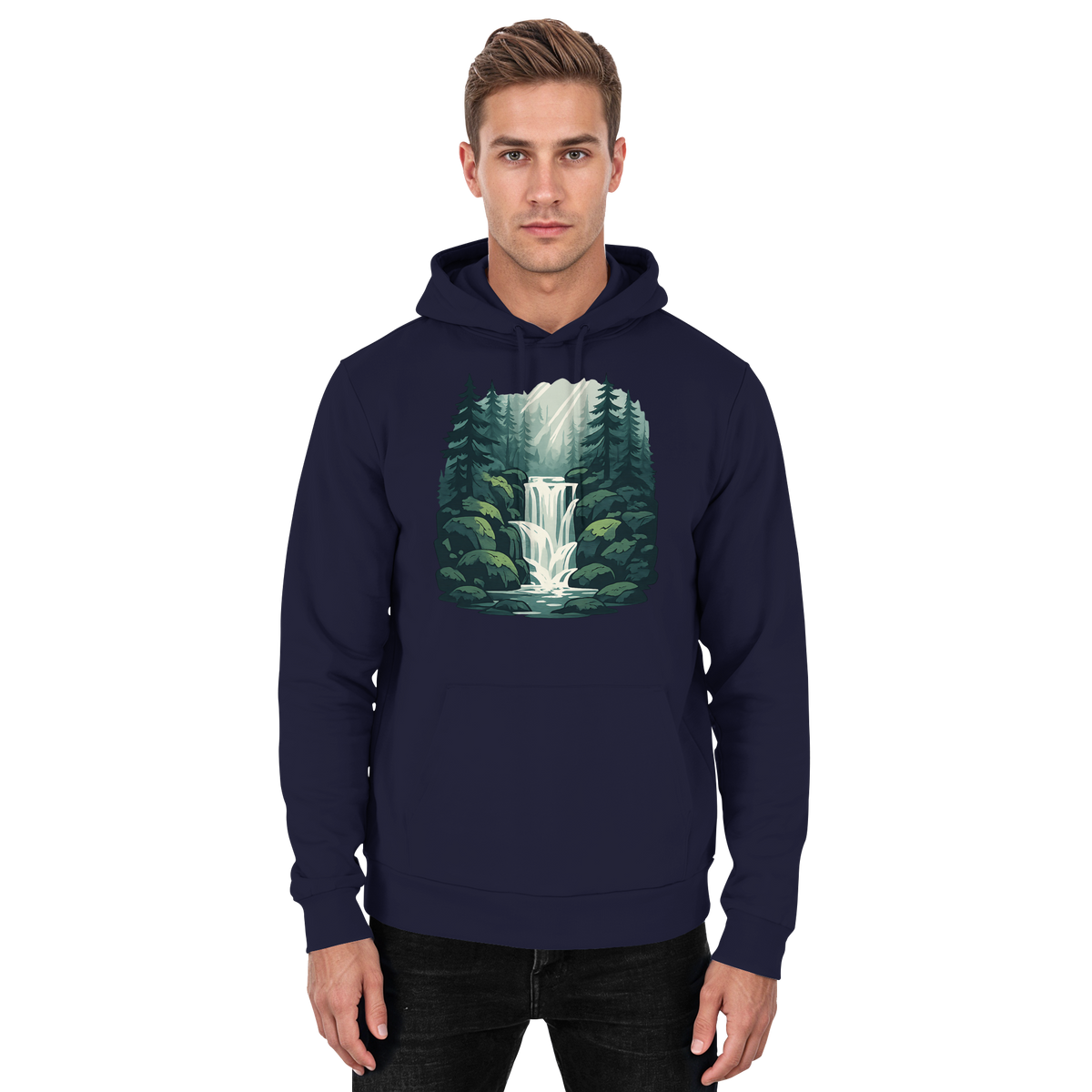 Front view of Arvenzo Fall Creek Hoodie in navy, a unisex hoodie with a simple design and comfortable fit.