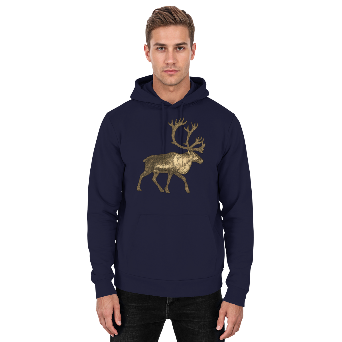 Front view of Arvenzo Tundra Walk unisex hoodie in navy with a simple design and comfortable fit.