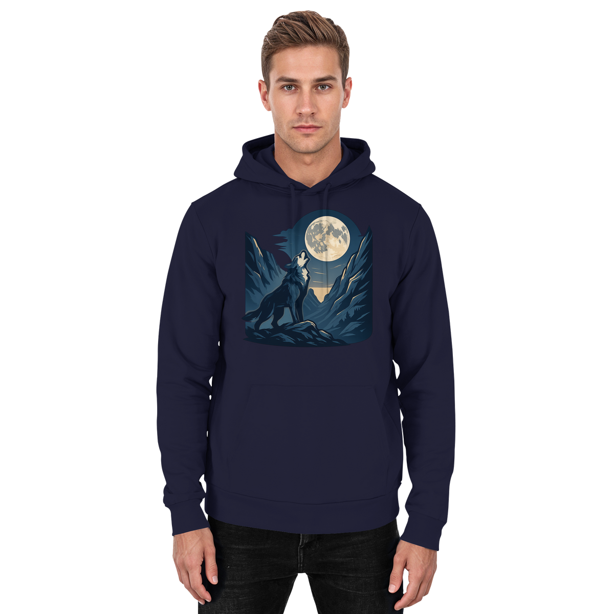 Front view of Arvenzo Silver Howl hoodie in navy, featuring a basic unisex design with a hood and silver graphic detail.