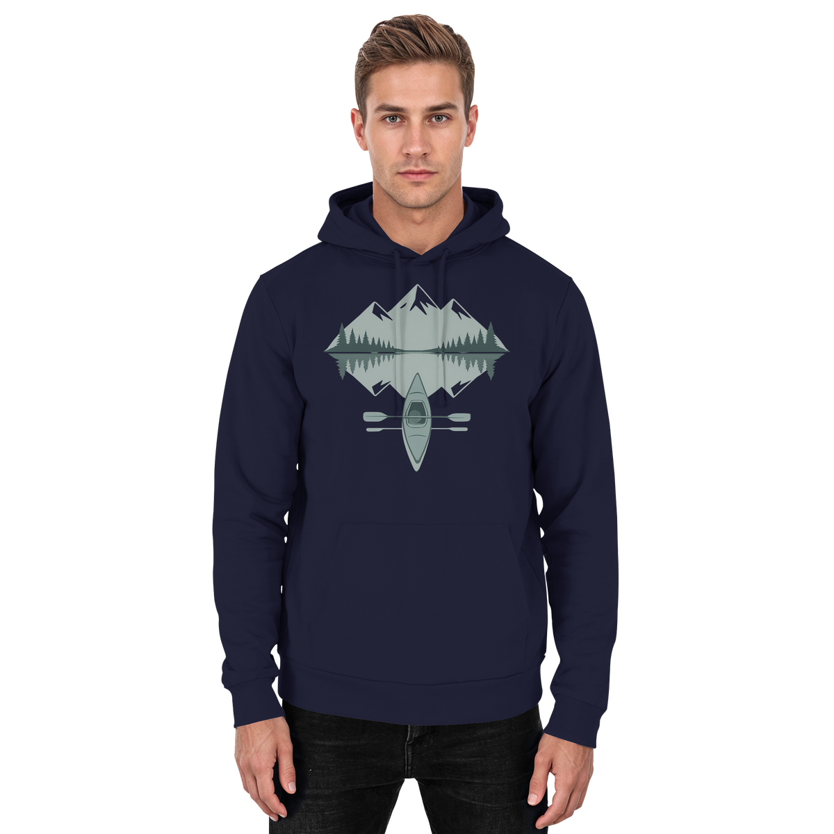 Front view of Arvenzo Mirror Lake unisex navy hoodie with a simple design and comfortable fit.