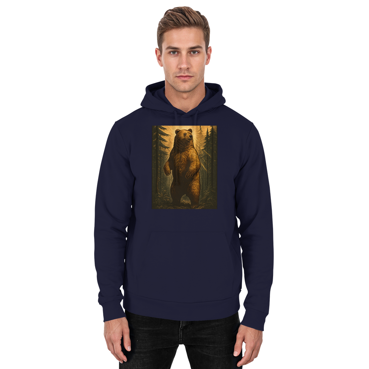 Front view of Arvenzo Deep Timber Hoodie in navy with a simple unisex design and a front pocket.